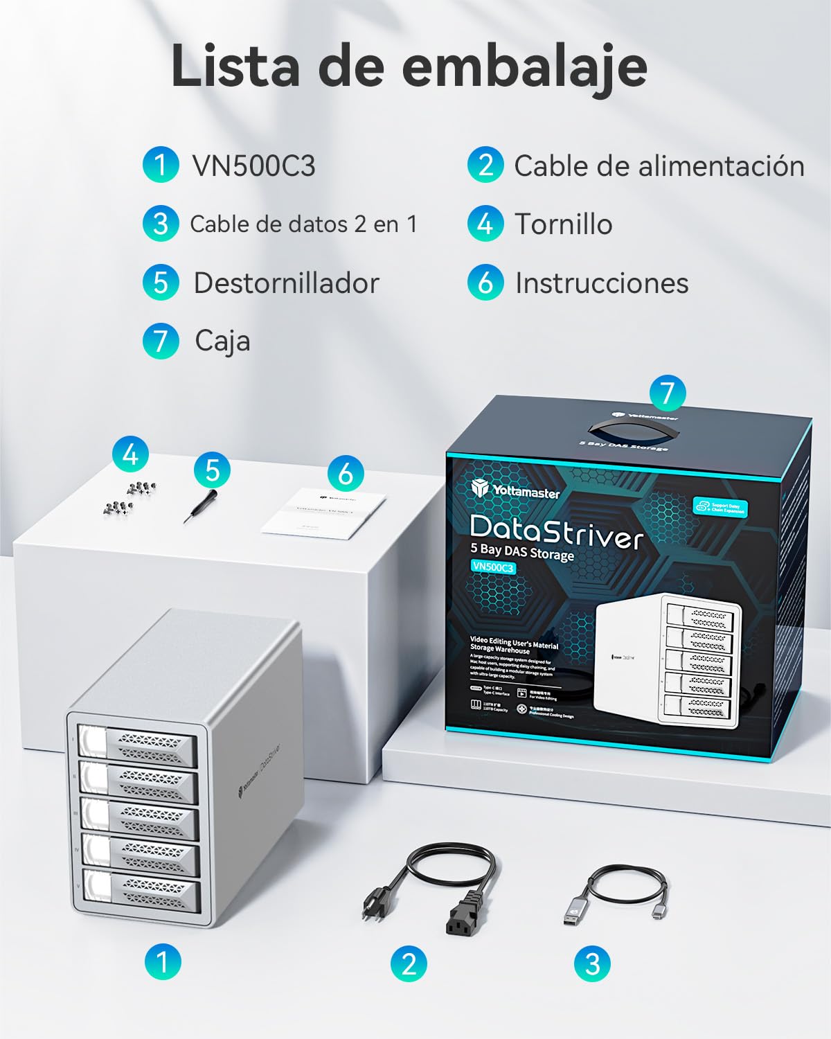 Yottamaster Caja 5 Bahías para Disco Duro, 10Gbps Daisy-Chain 5 Bay Das, Carcasa USB C Das de Aluminio Soporta 110TB (5x22TB) Máximo hasta 330TB para 2.5"/3.5" SATA HDD/SSD (Sin Disco)