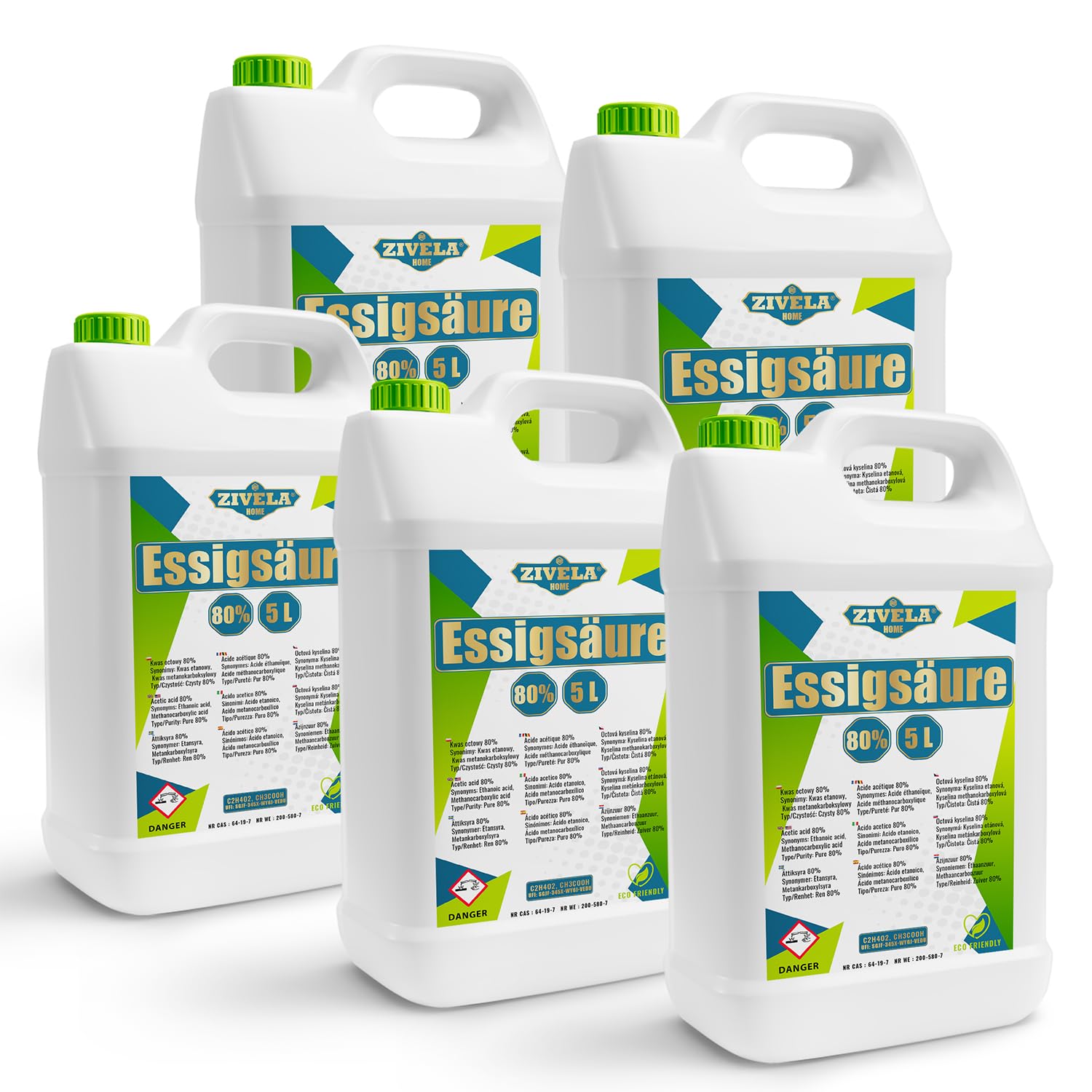 Acido acetico da 25 l, 80% di alta qualità, 5 x 5 l, 80% di qualità alimentare, 25 kg, aceto di alta purezza per applicazioni versatili, perfetto per uso domestico industriale, orticoltura