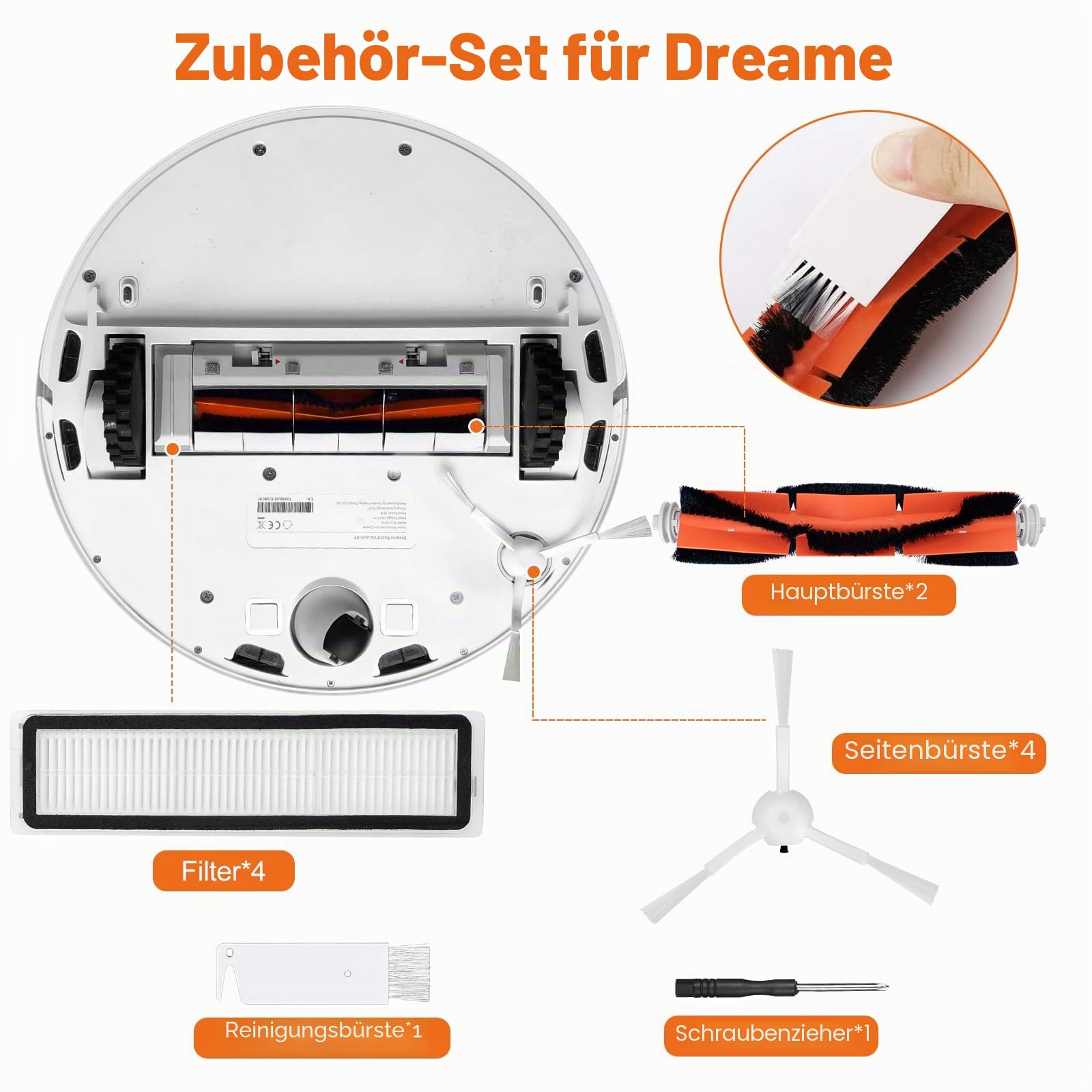Chuancheng 12-teiliges Zubehör-Set für Dreame D9, D9 Max, D9 Max Gen2, D9 Pro, L10 Pro Staubsaugerteile, 2 Hauptbürsten, 4 Seitenbürsten, 4 Filter, 1 Reinigungsbürste, 1 Schraubendreher (weiß)