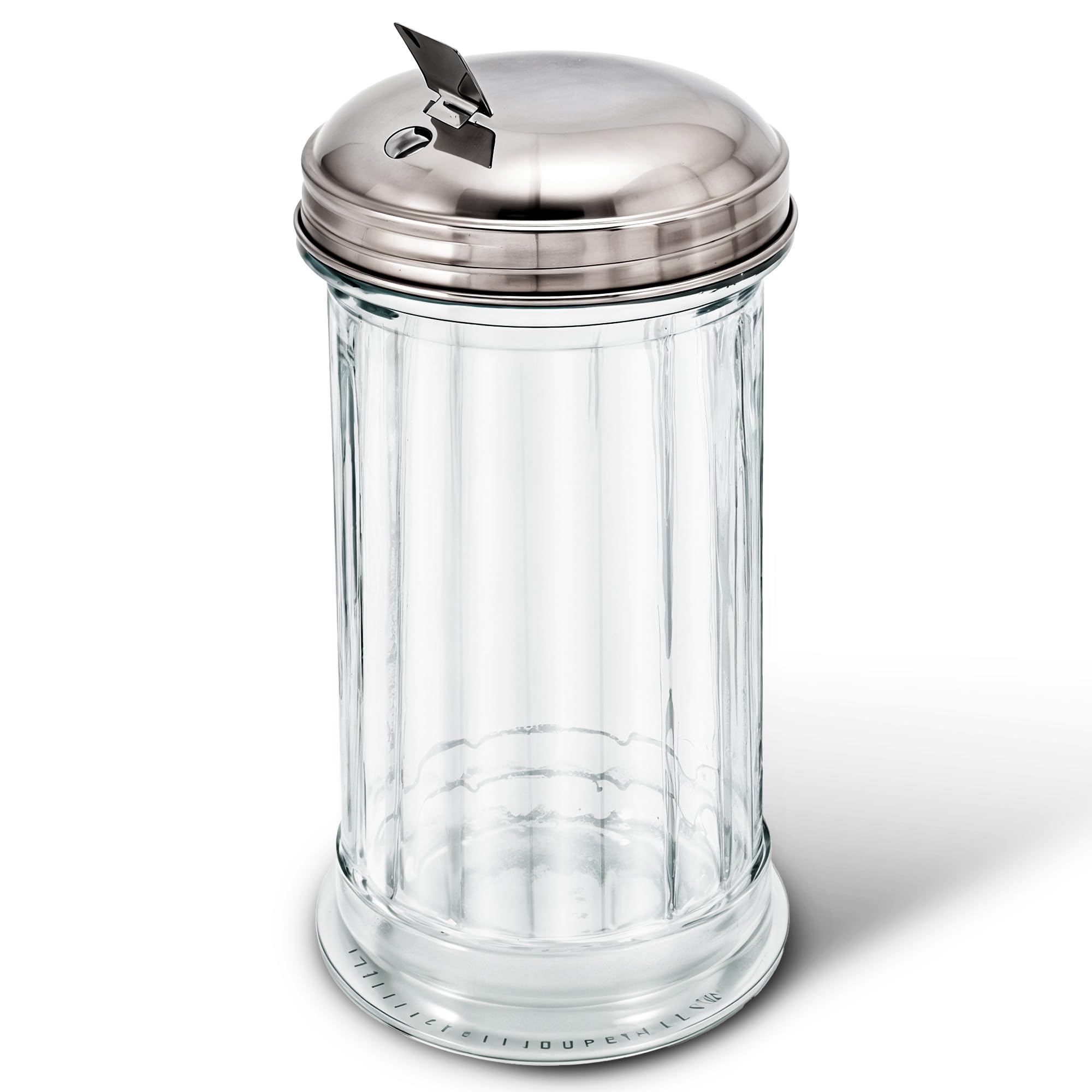 Glass Sugar Dispenser- Fluted Sugar Pourer with Stainless Steel Self Closing Lid - Crystal Clear Sugar Shaker for Diners, Cafes, Bakeries, Coffee Shops, Restaurants, Kitchens