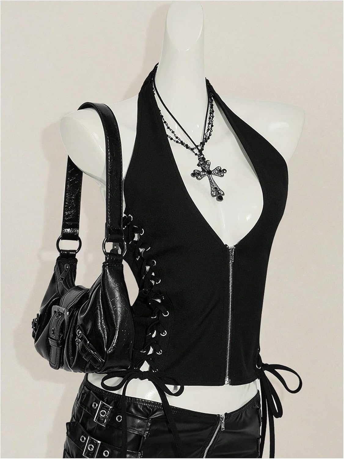 Floerns Women's Y2k Lace Up Halter Top Zip Up Deep V Neck Sleeveless Going Out Fall Fashion Tops - Image 4