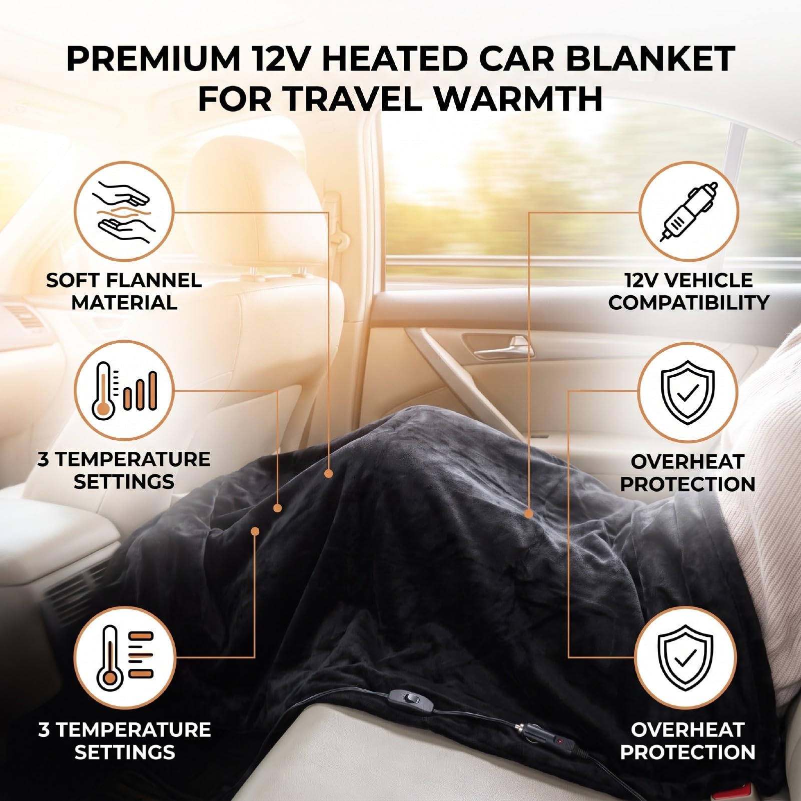 Acouto Couverture Chauffante pour Voiture 150 X 99 Cm, 3 Réglages de