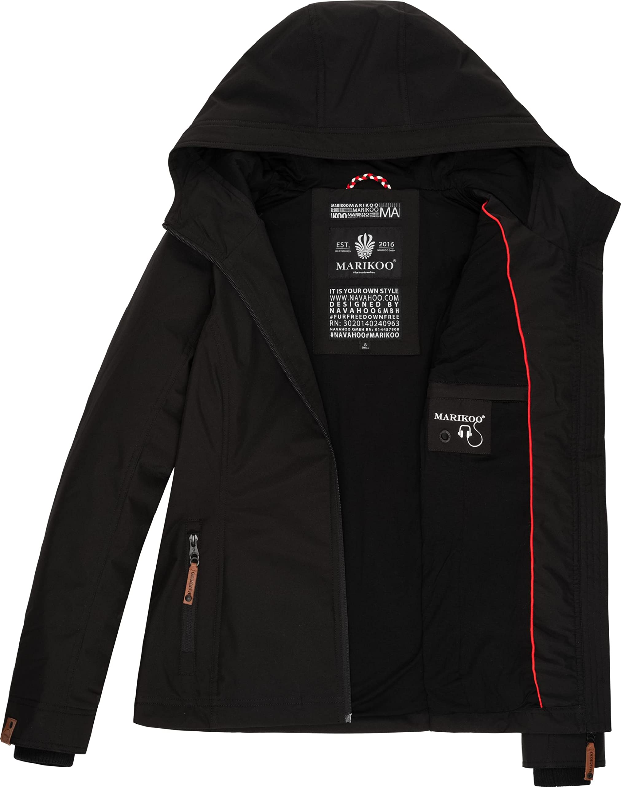 MARIKOO Lekko wyściełana damska kurtka przejściowa, krótka kurtka outdoorowa z podszewką z dżerseju i dużym kapturem, jeżyna, XS-XXL
