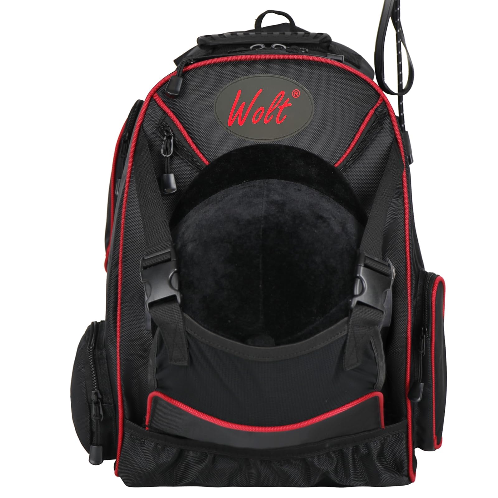 WOLT Riding Hat Bag, Professional Equestrian Backpack with Helmet Holder for Horse Riding, Multi-Compartment Athletic Sports Bag to Carry All Riding Accessories (NOT Included), Black+Red, One Size