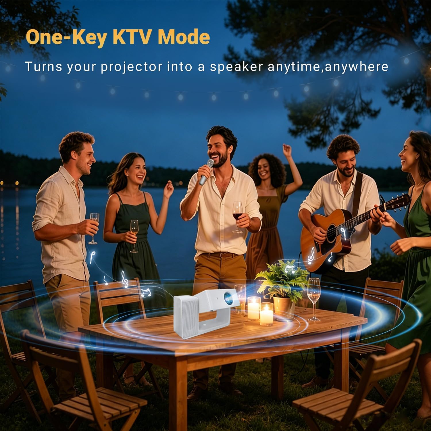 Smart Projector with WiFi and Bluetooth, 3-in-1 Karaoke Speaker & Movie Projector, Native 1080P/4K Support, Electric Focus & Auto Keystone, Portable Outdoor Projector for Home Ceiling Theater thumbnail