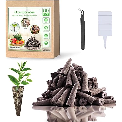 Grow Sponges, Replacement Root Growth Sponges Seed Pods Compatible with AeroGarden, Seedling Starter Sponges Kit for Hydroponic Indoor Garden System with Plant Labels,Tweezers (60pcs), HM001