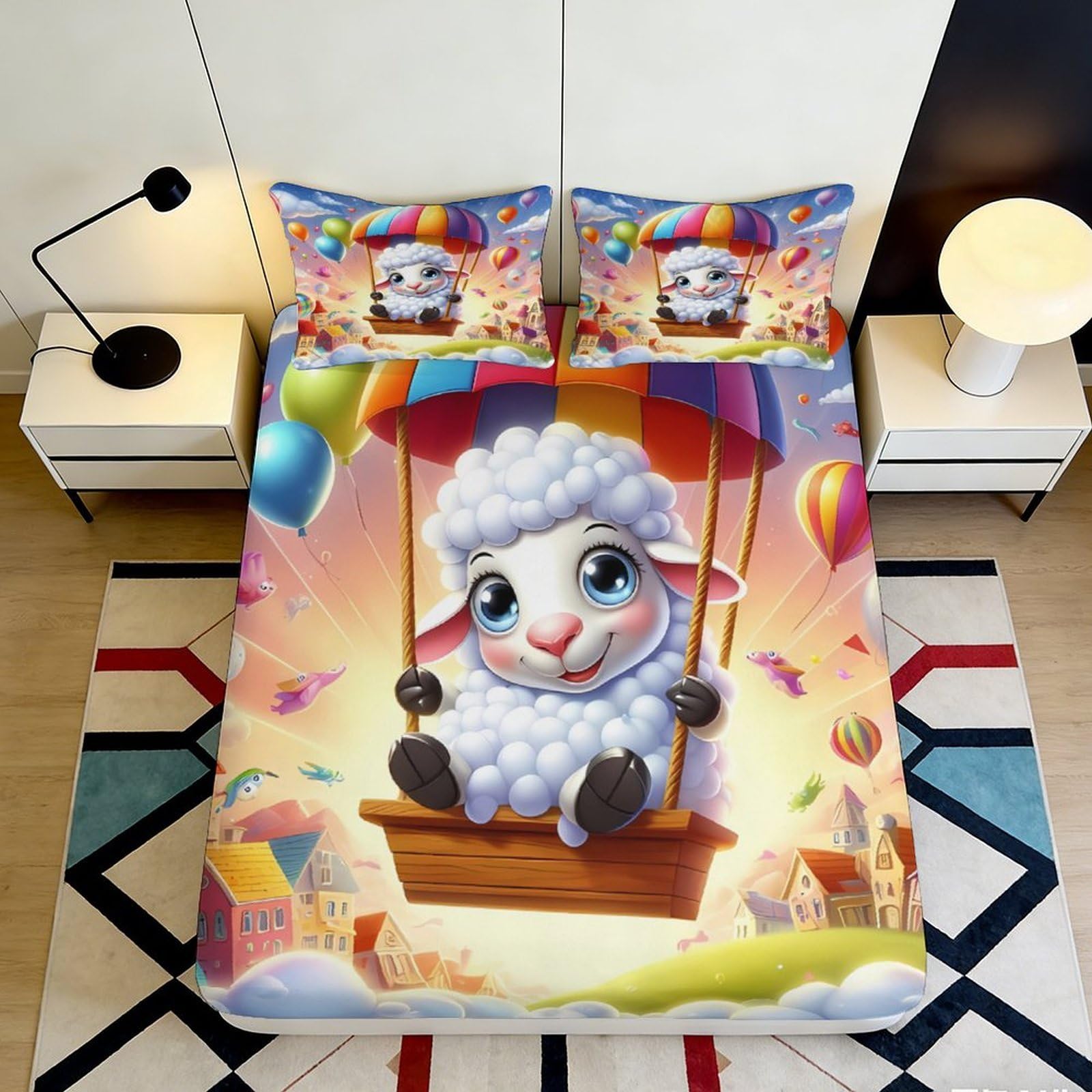 Dhbaneiok Style-1 3D Printed Cartoon Sheep Fitted Sheet Microfiber Colorful Balloon Mattress Cover For Bedroom Dorm Easy Care Decor 90X200x25cm