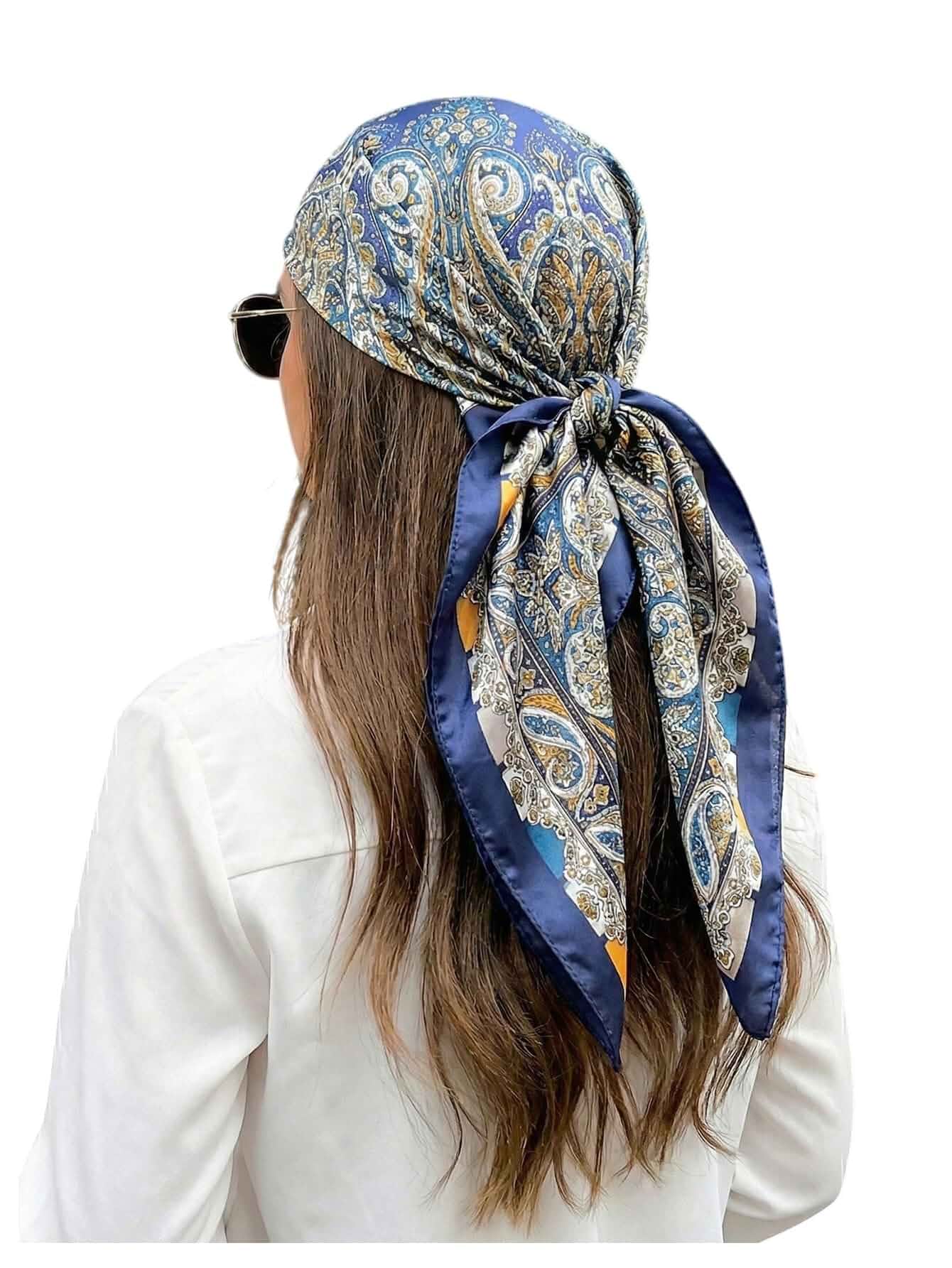 Verdusa Women's Boho Paisley Square Headband Vintage Satin Head Scarf Vacation Accessories Royal Blue One-Size 1 Count (Pack of 1)