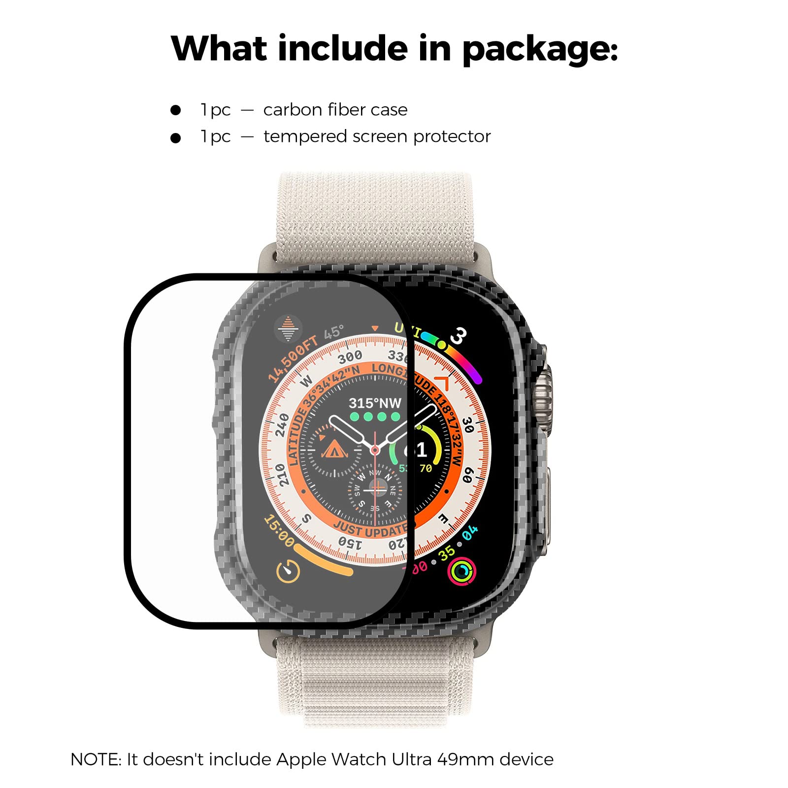 MONOCARBON Custodia in fibra di carbonio per Apple Watch Ultra (49 mm), ultra sottile, leggera, resistente, con pellicola proteggi schermo, per iWatch, colore: Nero lucido