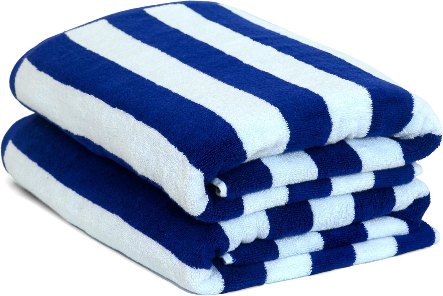 Oversized Beach Towels (2 Pack, 70x152 cm) - Extra Large 100% Organic Cotton Summer Pool Cabana Stripe, Highly Absorbent & Soft Towel Set (White with Blue Stripes)