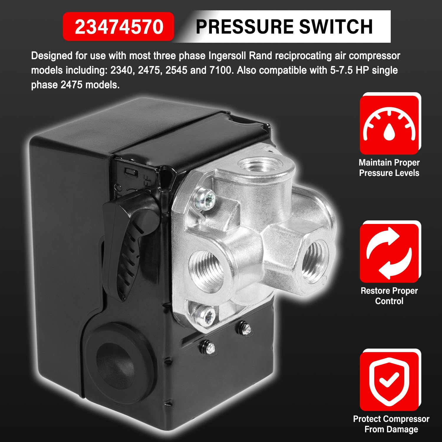 23474570 Pressure Switch Two Stage Compressor 135-175 PSI Fit for Ingersoll-Rand Air Compressor Pressure Switch 2340, 2475, 2545, 7100 W/Unloader and On/Off