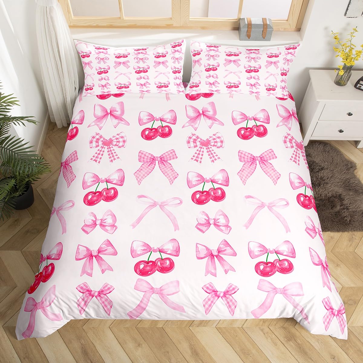 Pink Plaid Bow Comforter Cover Super King Cute Bowknot Duvet Cover Girls Grids Ribbon Bow Cherry Bedding Set Kawaii Watercolor Bed Set For Kids Teen Women Room Decor,Zipper 3 Pcs — image 1