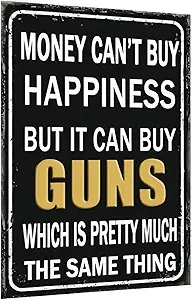 Vintage Metal Tin Sign Funny Sarcastic Party Wall Art Decor Signs Funny Metal Sign Money Can't Buy Happiness But It Can Buy Tools, Humorous Garage Wall Art Decor for Man Cave, Tool Shed, Home, Farmhouse, Bar,8x12 Inch Gift Idea