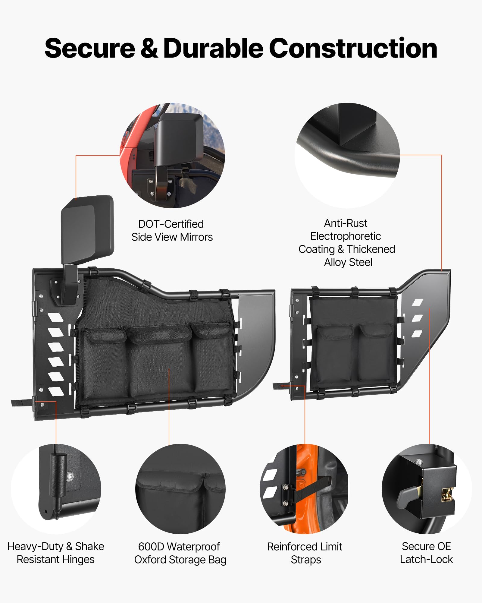 VEVOR Demi-Portes Tubulaires pour Jeep, Kit de 4 Portes avec Rétroviseurs, Compatible avec Jeep Wrangler JL 2018-2026 et Gladiator JT 2020-2026, Portières pour Tout-Terrain avec Poches de Rangement