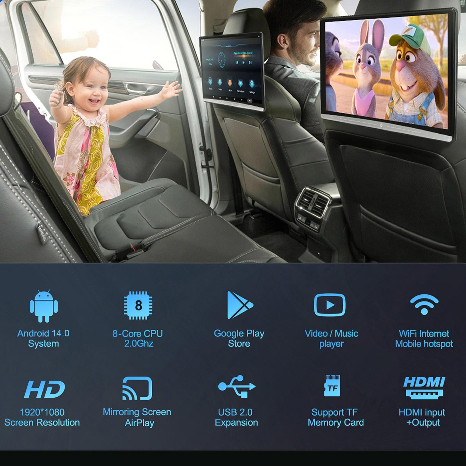 Moniteur D'appuie-tête Voiture, 3+32G/Android 14.0, Mise En Miroir Sans Fil, Écran Tactile IPS 8K Amélioré, Moniteur D'appuie-tête TV Pour Siège Arrière Avec Wi-Fi/Bluetooth/HDMI/USB/TF(14'')