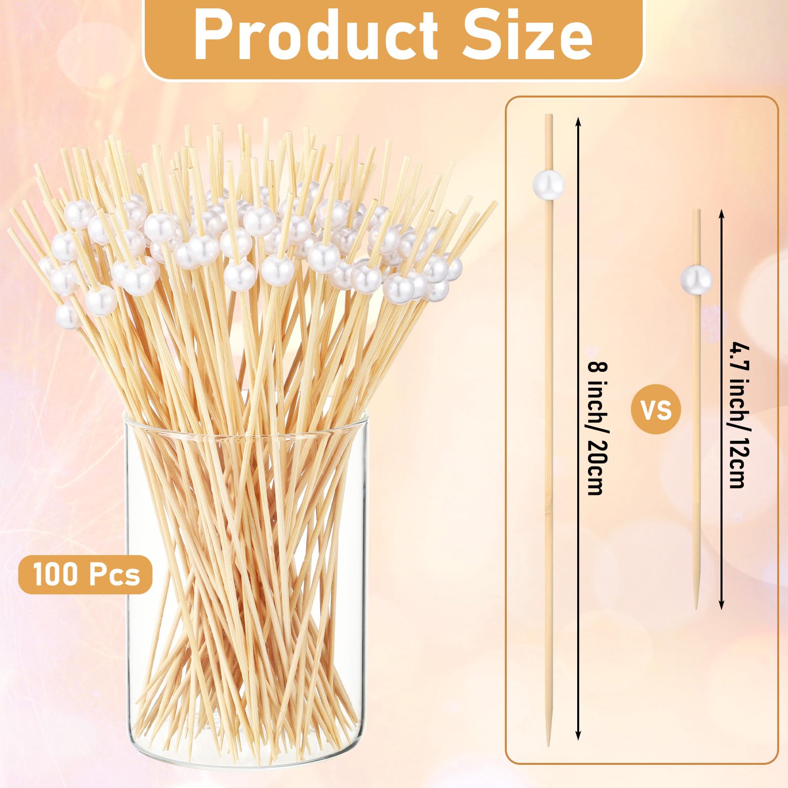 LOYIM 100 Pcs 8 Inch Long Cocktail Picks Fancy Toothpicks for Appetizer Bamboo Cocktail Sticks for Drink Dessert Fruit Barbecue Pearl Skewers for Party Decor Charcuterie Boards Accessories (White)