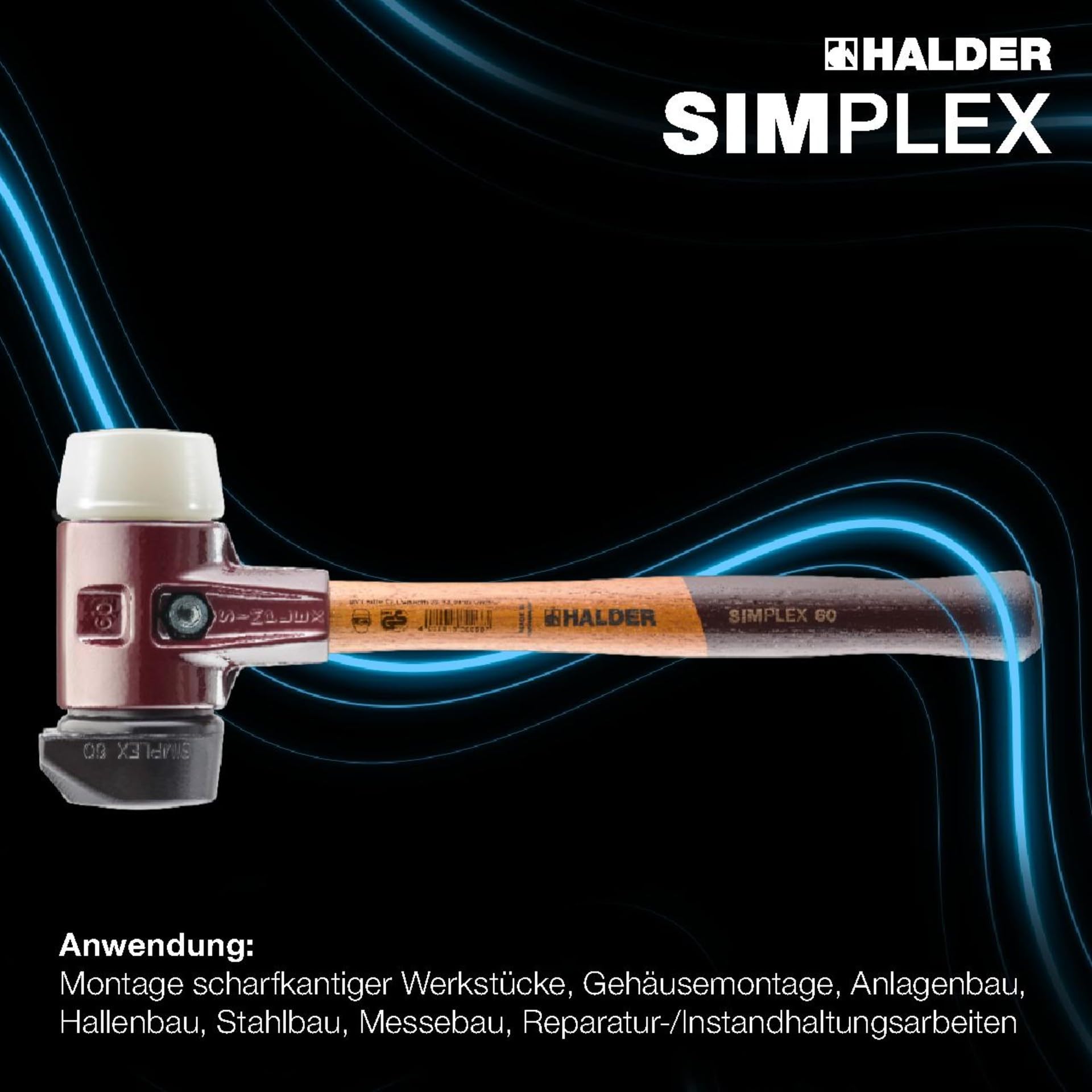 SIMPLEX-Schonhammer, Gummikomposition, mit Standfuß/Nylon; mit Tempergussgehäuse und hochwertigem Holzstiel | D=60 mm | 3028.260