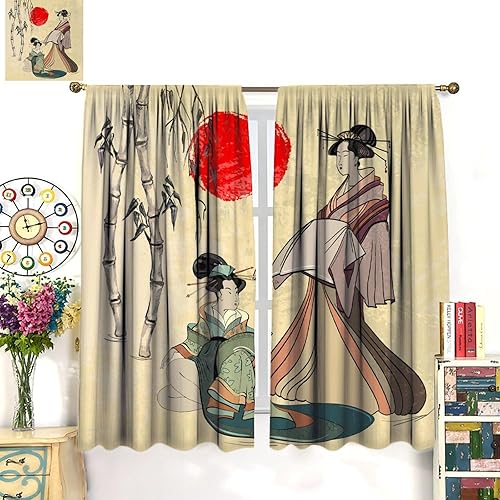 Miniatura 3 de Cortinas de estilo japonés, Kyoto Geisha Girls Asian Ink Painting - Cortinas de tela de poliéster con estampado de Japón antiguo para dormitorio,