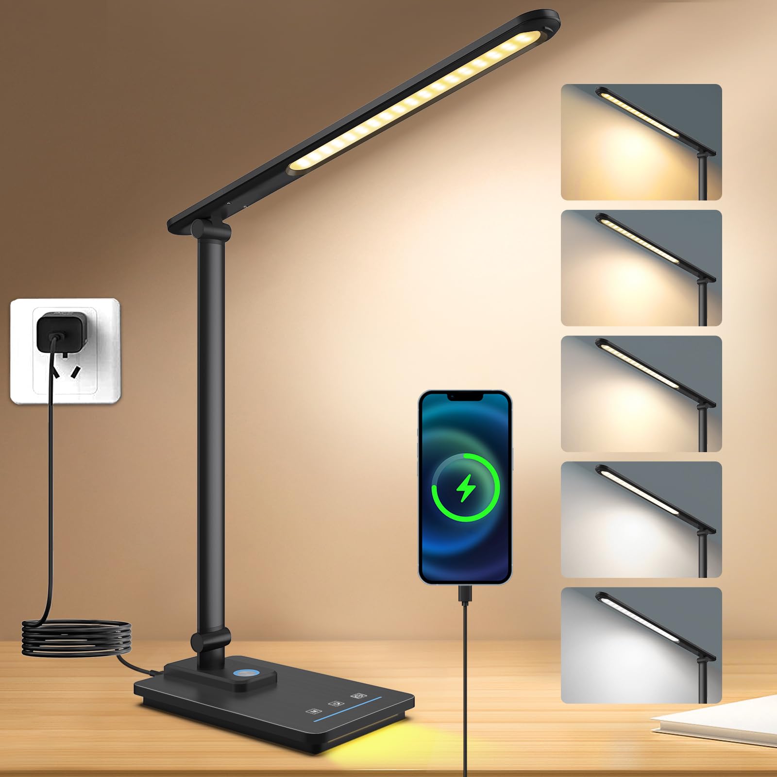 LED Desk Lamp for Home Office, USB Charging Port, Reading Desk Light with 5 Color Temperatures, Stepless Dimming, Table Lamp with Timer, Night Light, Foldable Desk Lamp for College Dorm Room (Black) T223A-Black