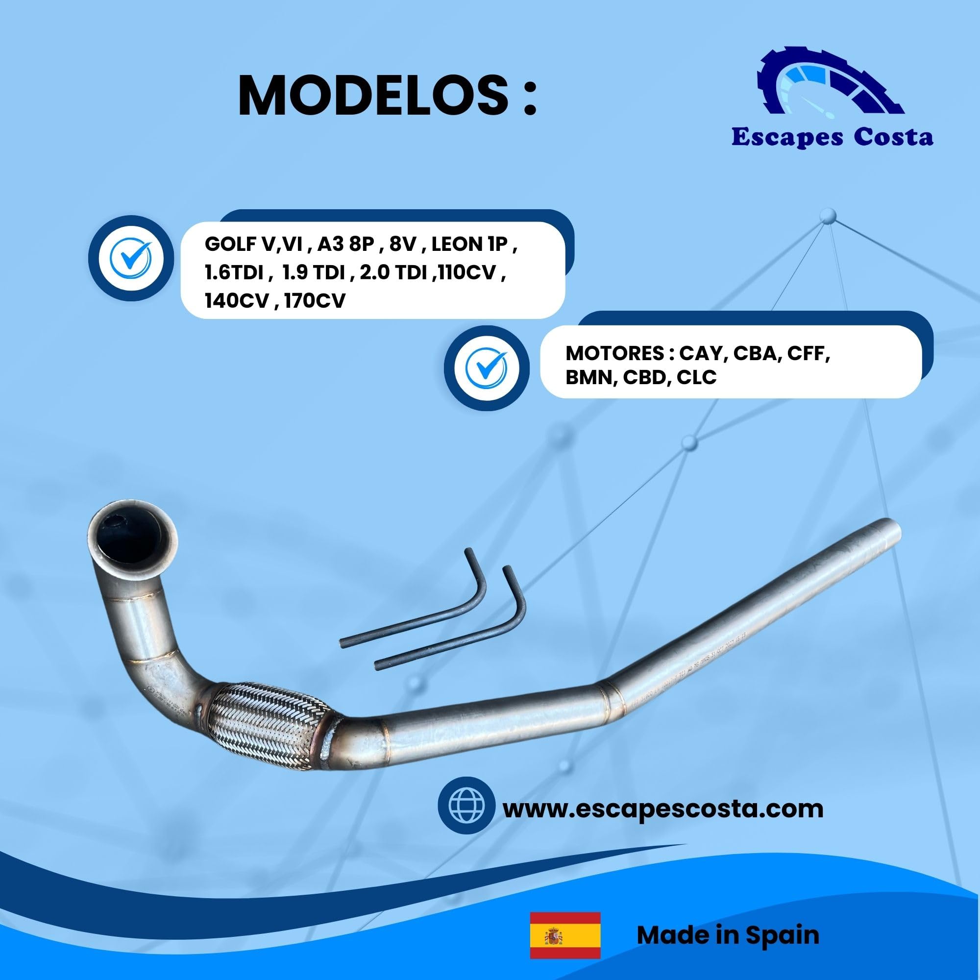 Downpipe compatibile con Golf V, VI, Audi A3, Leon 1P - Downpipe 1.9 tdi, 2.0tdi BMN - Downpipe 304 - Downpipe 3" (76mm)