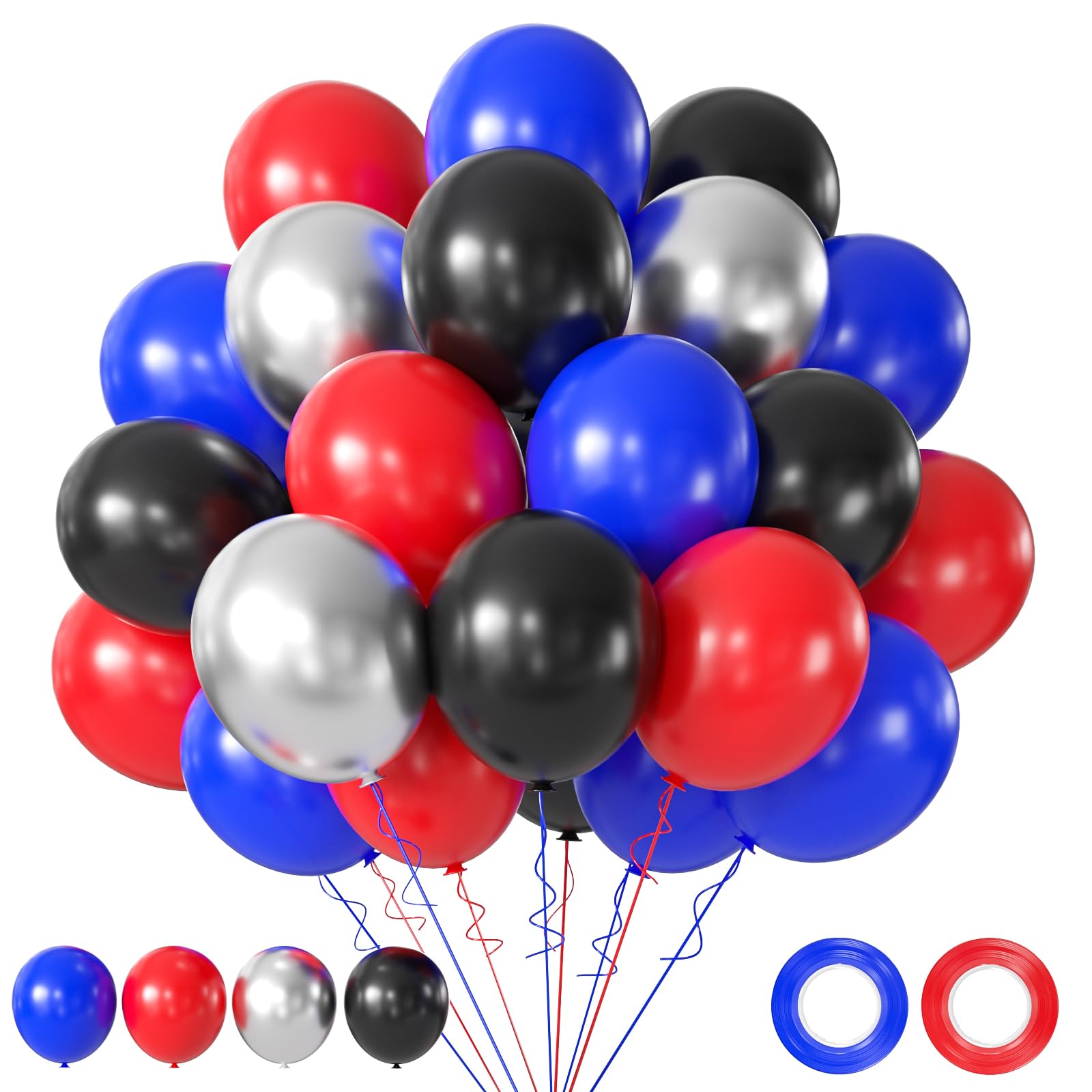 Black Red and Blue Balloons, 50PCS Red and Blue Party Balloons, 12Inch Spider Theme Balloon Metallic Silver Black Red Blue Balloons for Boys Birthday Graduation Baby Shower Party Decorations