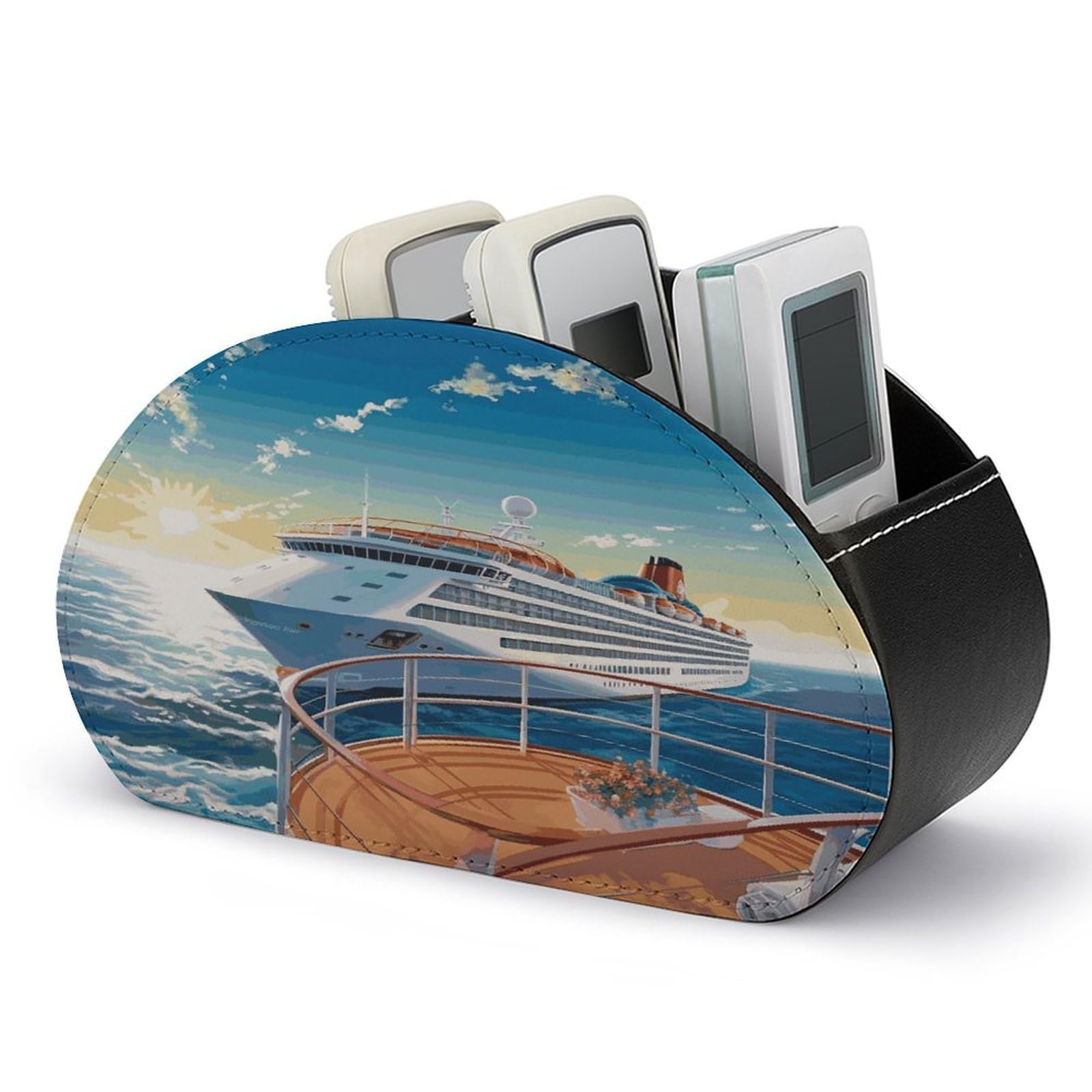 FekiLoot Summer Sea Cruise TV Remote Control Holder with 5 Compartments Multi-functional Leather Bedside Table Remote Caddy Desktop Storage Box for Store Pen Controller Media Player Cosmetic