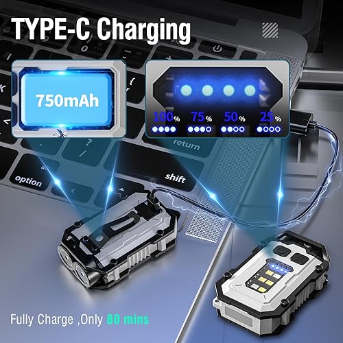 Miniatura 3 de N10 - Linterna LED pequeña y potente EDC con luz roja y azul, brillante 900 lúmenes mini linterna con clip, USB C recargable portátil llavero