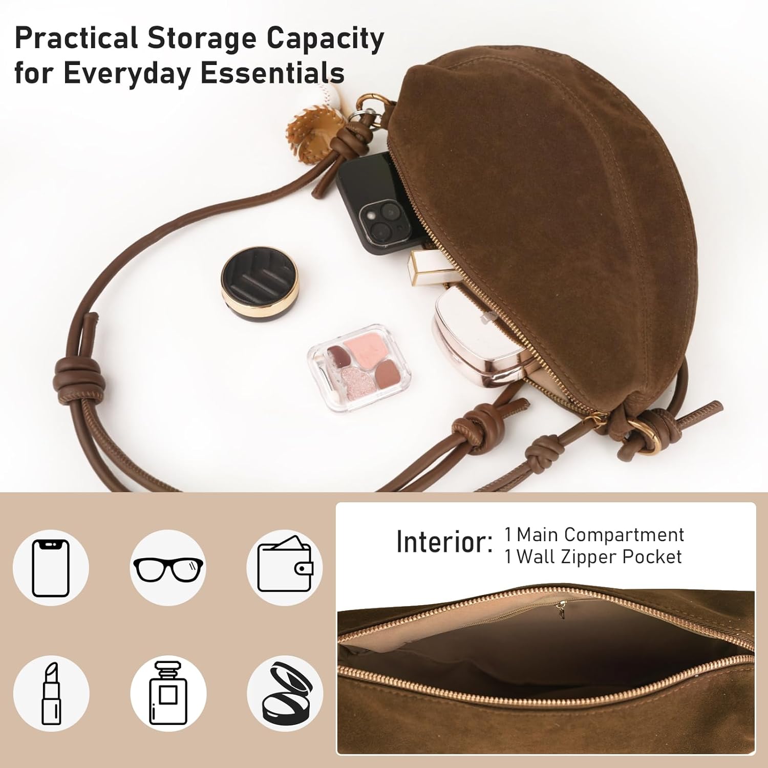 Small Suede Dumpling Crossbody Bag for Women, Hobo Shoulder Purse with Cute Baseball Charms & Adjustable Strap