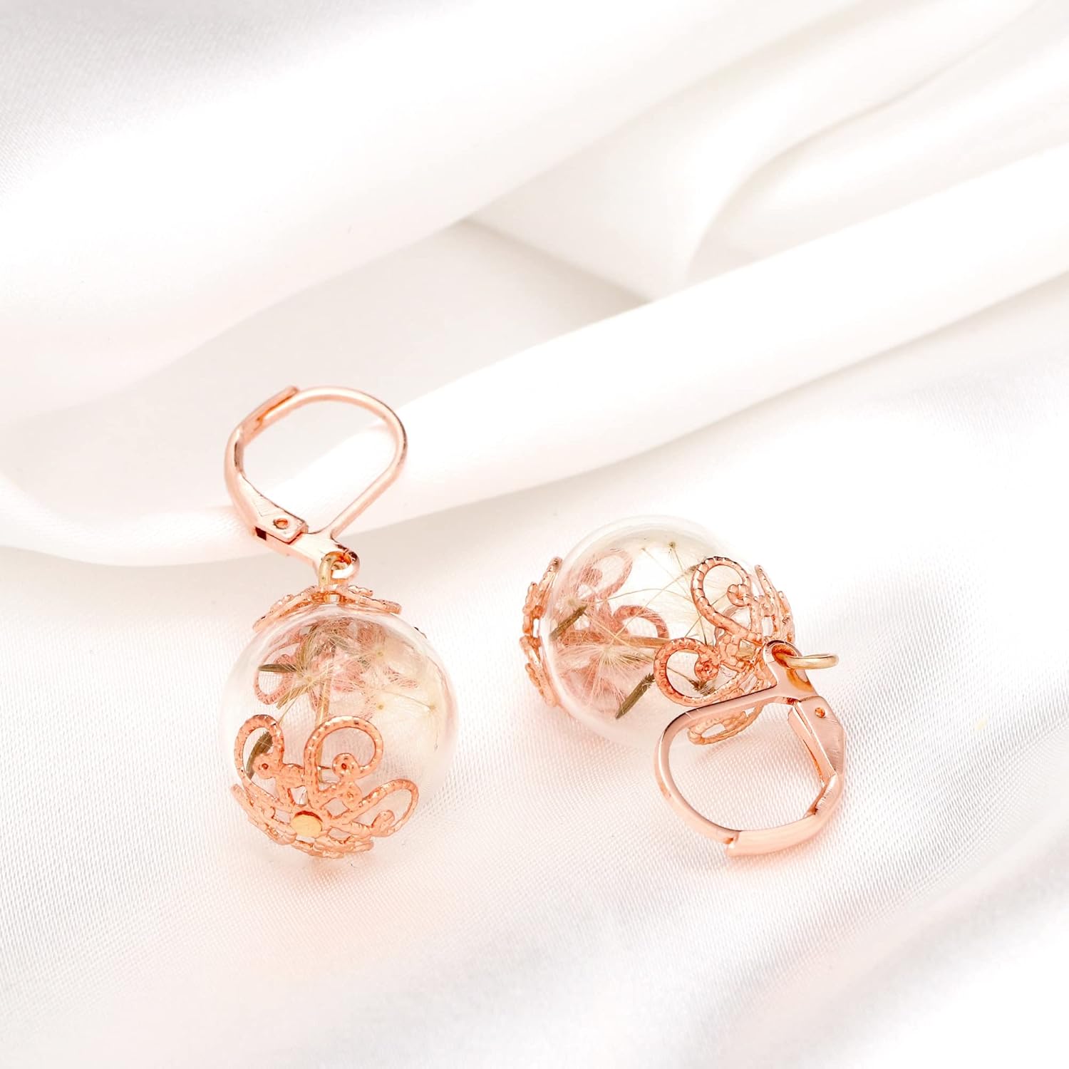 Real Dandelion Earrings - Rose Gold Plated - Lever Back Hooks - Hanging 3cm/1.18inch - Handmade in Germany - Gift Box