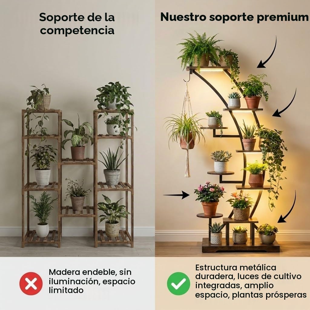 Soporte para plantas con luz de cultivo, 9 niveles, metal y madera, 160 cm, interior