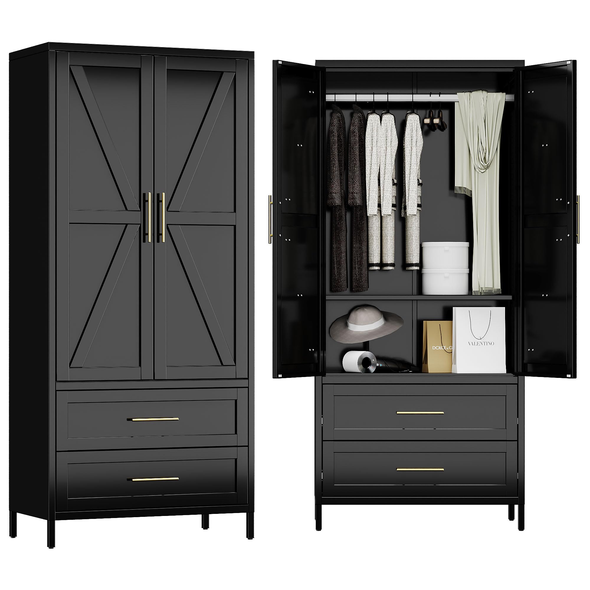 Aobabo Metal Wardrobe Cabinet with 2 Drawer, 71" H Metal Armoire Wardrobe Closet with Adjustable Shelf and Hanging Rod for Home, Laundry Room, Office, Installation Required, Black