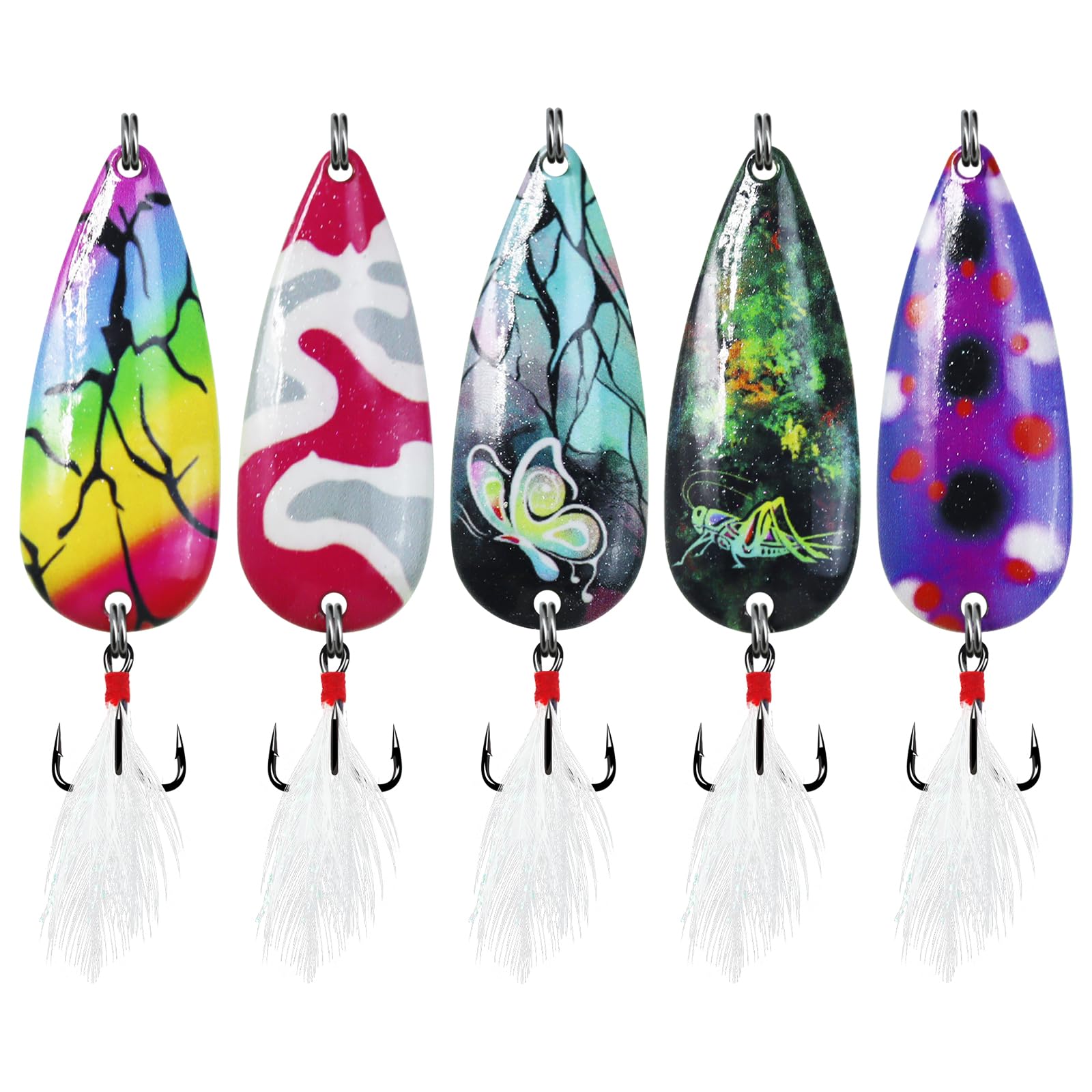 Luminous Spoon Fishing Lures,5pcs Jigs Spoon Lures with Feathered Treble Hooks Metal Spoons for Trout Redfish Bass Tuna Salmon Walleye