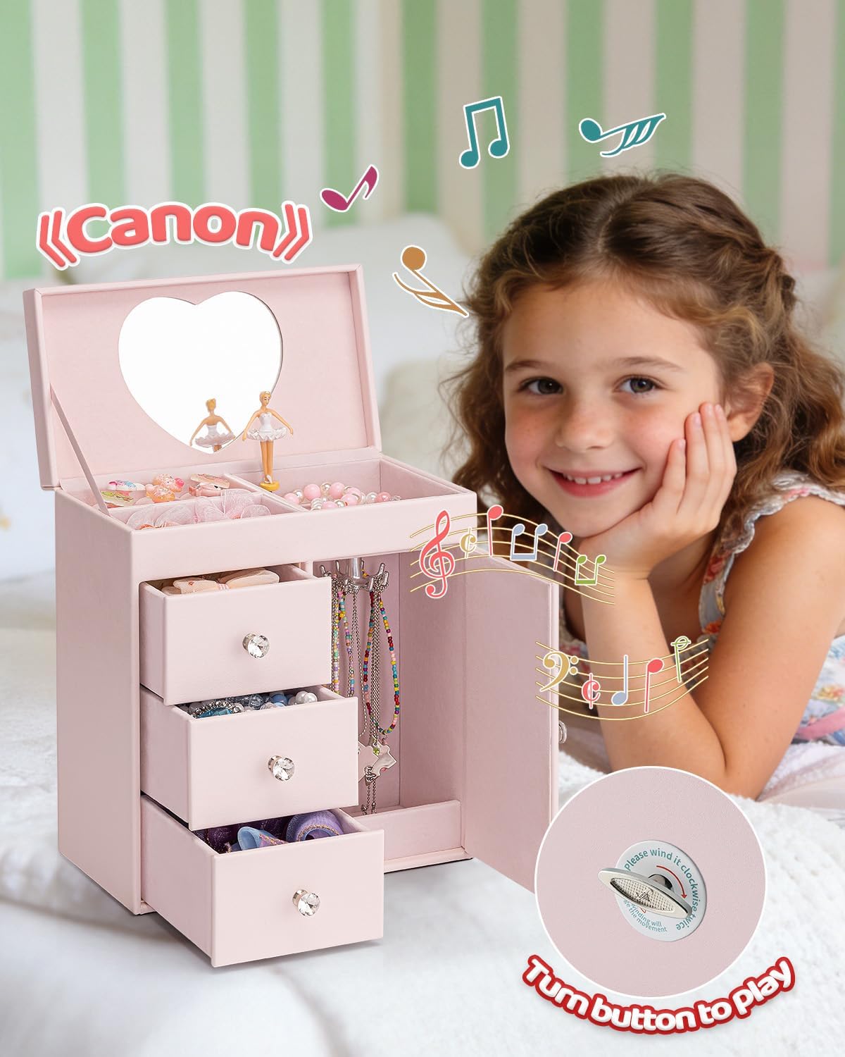 Vlando Musical Jewelry Box for Girls - Valentines Day Gift for Kid - Large Kid Music Box with Ballerina for Birthday Bedroom Decor, 4 Layer Girl Jewelry Gifts for Girls Kids - Light Pink