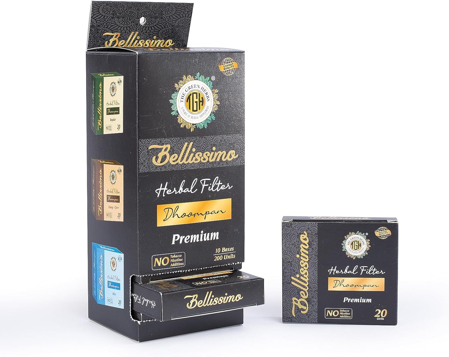 Bellissimo Herbal Cigarette, Tobacco & Nicotine Free Herbal Filter Dhoompan, Premium Flavor Bidi Rolled in Tendu Leaves, Non-Addictive & Helps Quit Smoking, Pack of 10 x 20 Bidi Sticks Per Pack