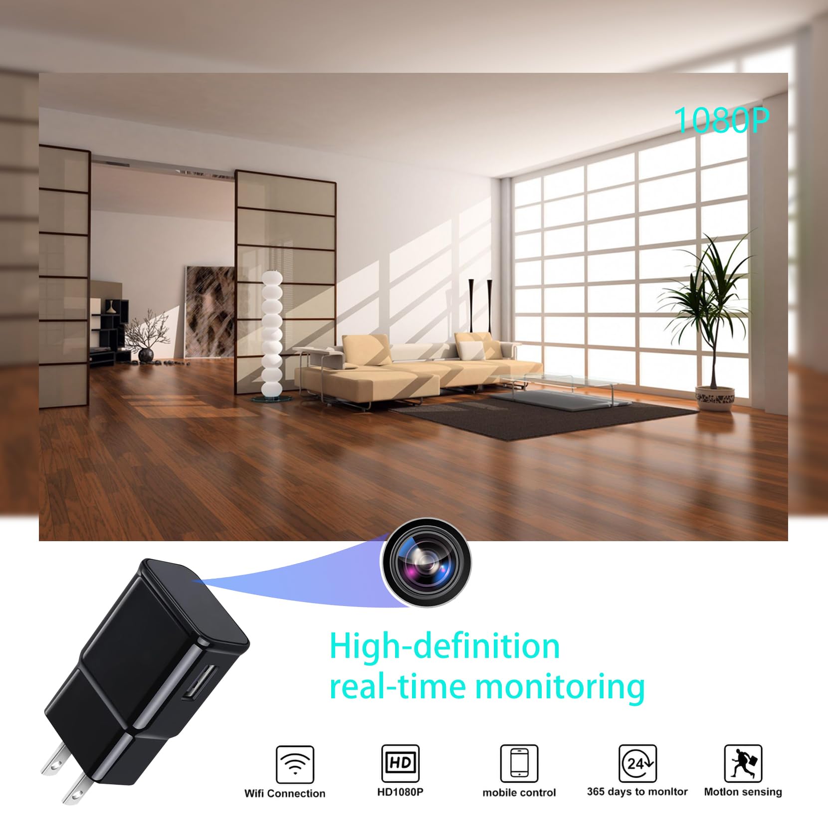 Mini USB 1080P Chargeur Caméra, Caméra de Sécurité Maison Nounou pour Bureau et Sécurité Bébé