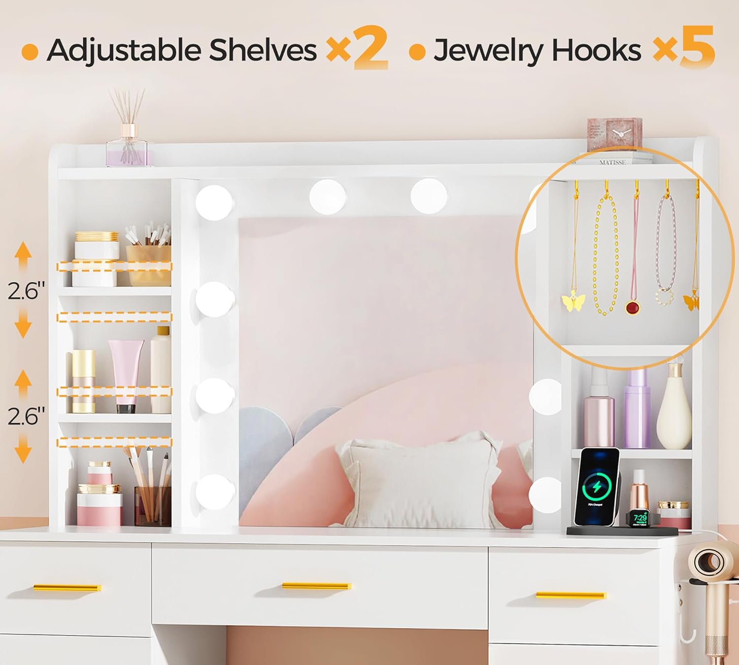 ANWBROAD Makeup Vanity Desk with Lights White Vanity Desk with Mirror and Lights 3 Colors, 9 Drawers, 6 Storage Shelves, 5 Hooks Dressing Table with Stool Power Outlet for Bedroom Girls Women UBDT87W