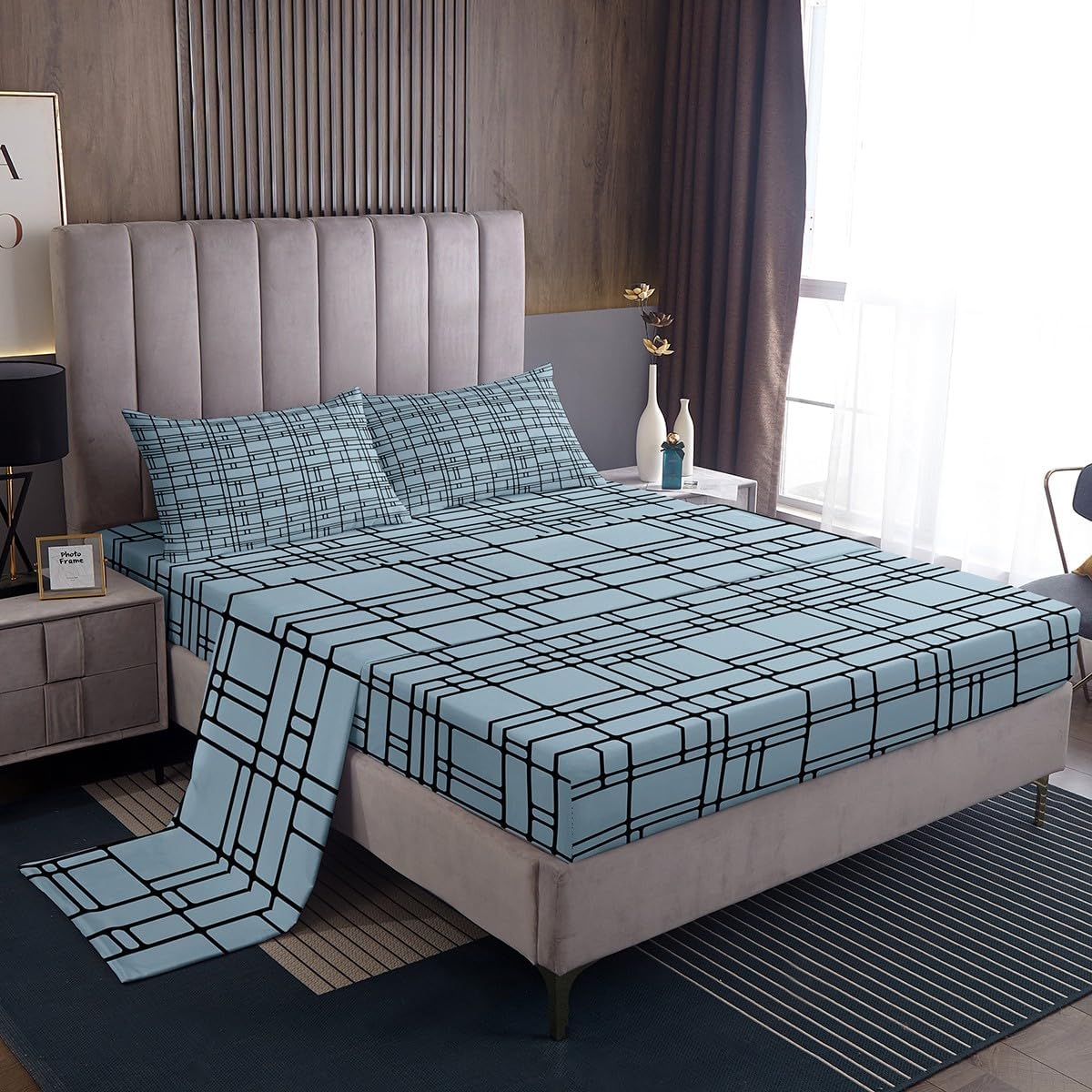 jejeloiu Blue Black Geometric Bed Sheets Set Twin Size Kids Stereoscopic Square Fitted Sheet with Deep Pocket Boys Girls Bedding Set Breathable Modern Minimalism Art Bedroom Decor Bedclothes