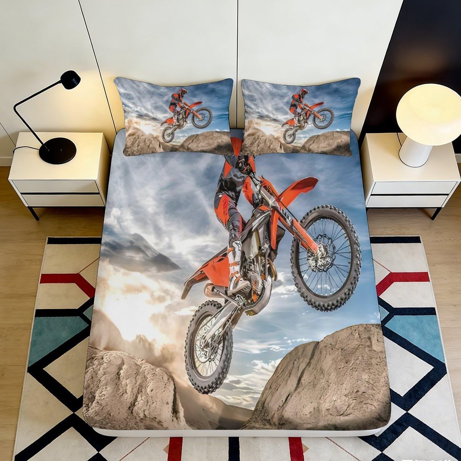 3D Printed Motocross Adventure Fitted Sheet Microfiber Soft Breathable Dirt Bike Bed Cover Bedroom Decor 90x200x25cm