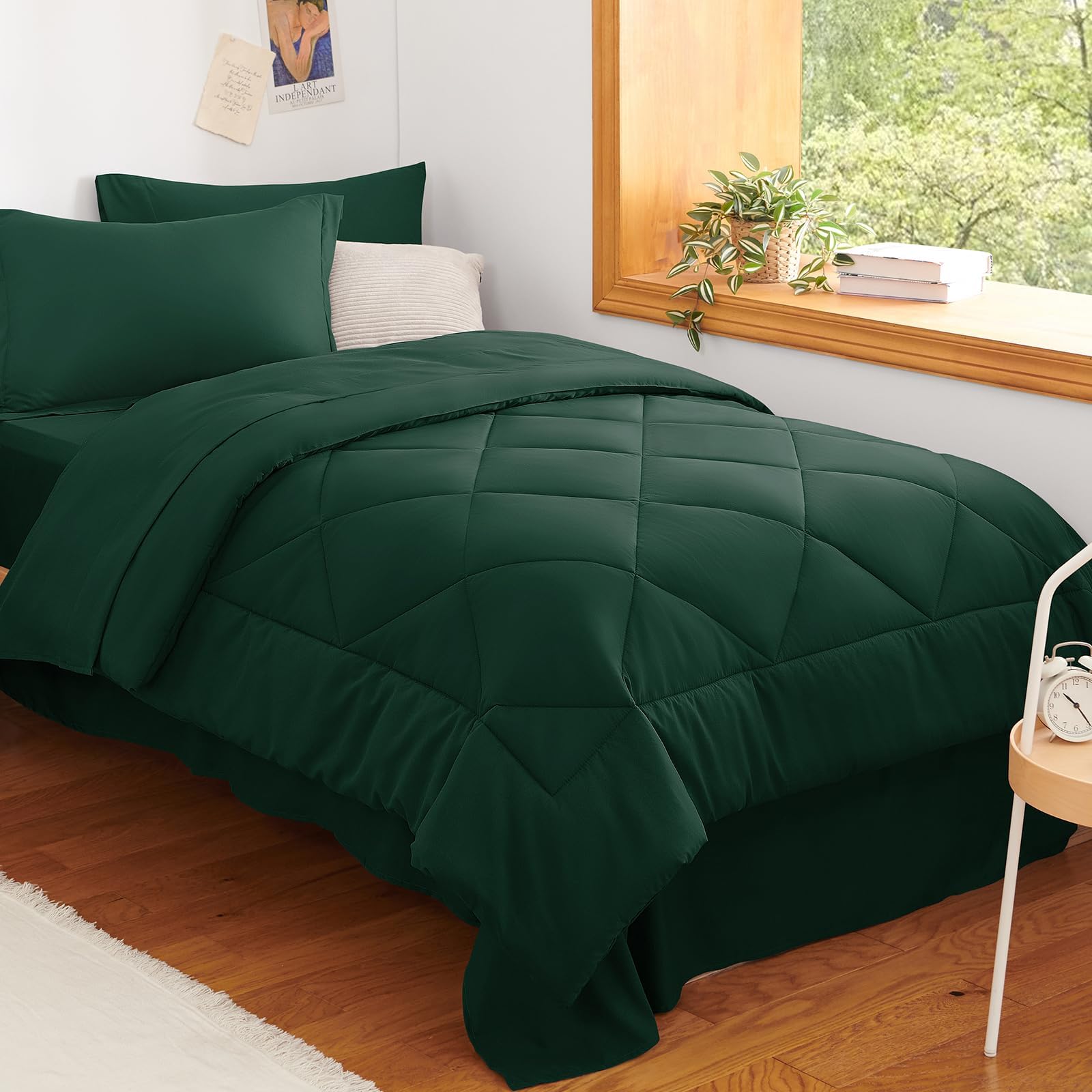 CozyLux Twin XL Comforter Set Emerald Green - 5 Pieces Twin Extra Long Bed in a Bag for College Dorm, All Season Bedding Set for Girls and Boys, Soft Bed Set with Comforter, Sheets, Pillowcase & Sham