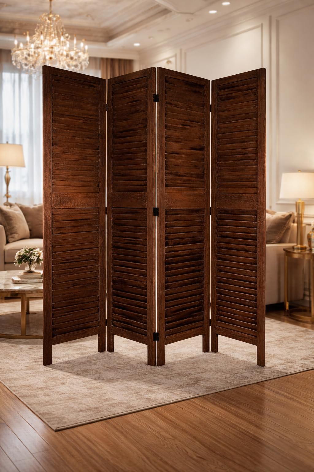 Wooden Room Divider Partition - Foldable Wood Screen Separator for Living Room, Bedroom, Office, Restaurant || Patti Design (4 Panel - Walnut)-picture-11