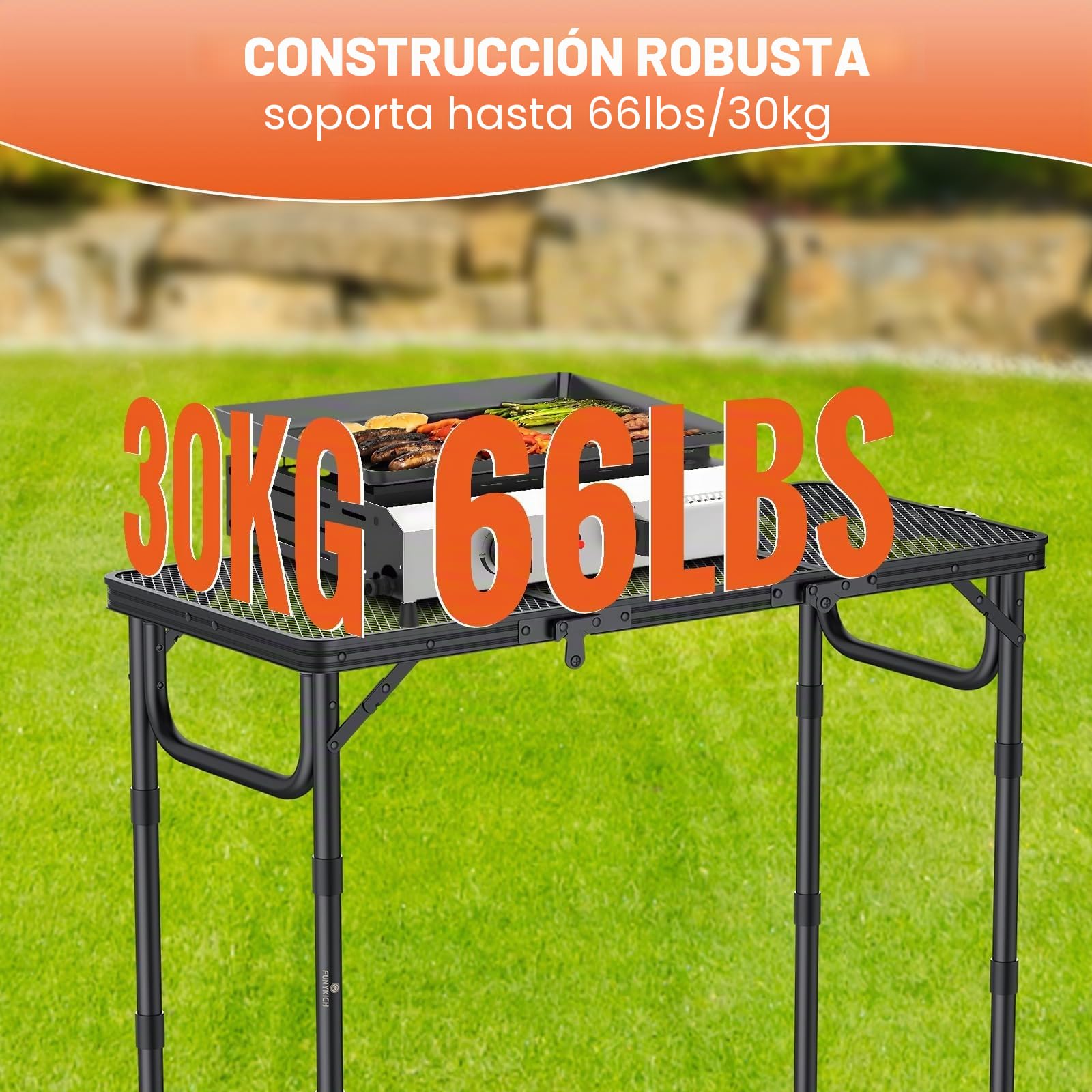 FUNYKICH Mesa Plegable Portátil para Barbacoa 87x40cm, Mesa Plegable Camping Alturas Ajustables (26/48/70cm), Superficie de Malla Aluminio Impermeable, Montaje Rápido, para Camping, Jardín y Fiestas
