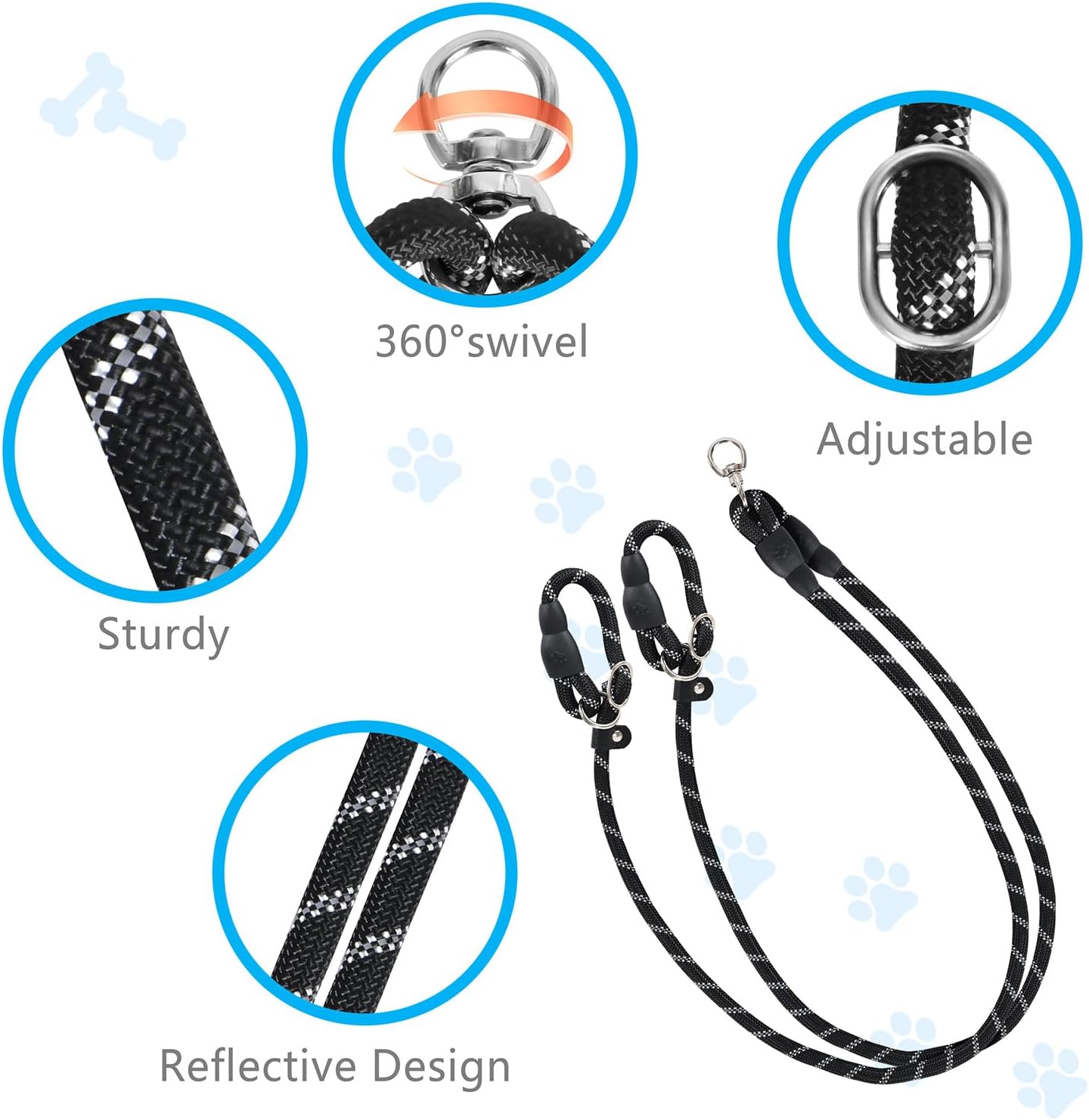 Two Point Control Dog Leash, Works with No Pull Harnesses, No Tangle Dog Training Leashes, Non Pull Padded and Reflective Walking Lead, Converts to Single Leash for Medium Large Dogs