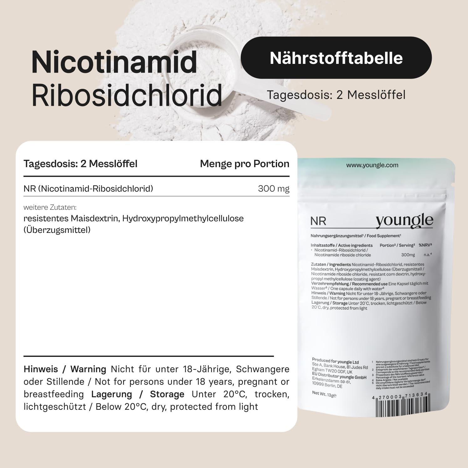 100% Pure NAD+ Nicotinamide Riboside Chloride 30g Powder - 3+ Month NR Cycle - High-Dose Anti-Aging Supplement & NAD Plus Booster - Developed by Doctors - Alternative to NMN - Made in Germany