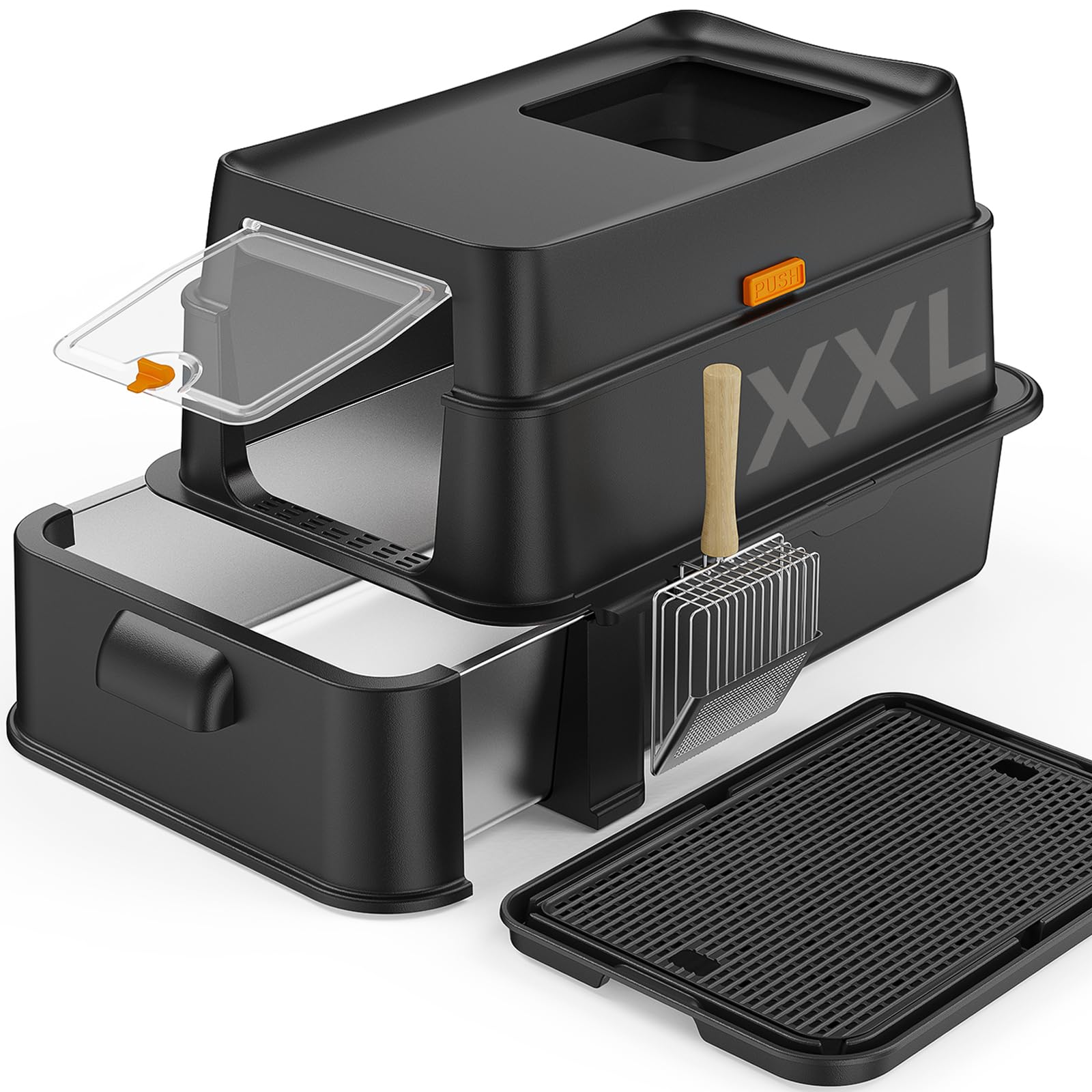 HTii-E XXL stainless steel cat litter box with pull-out drawer