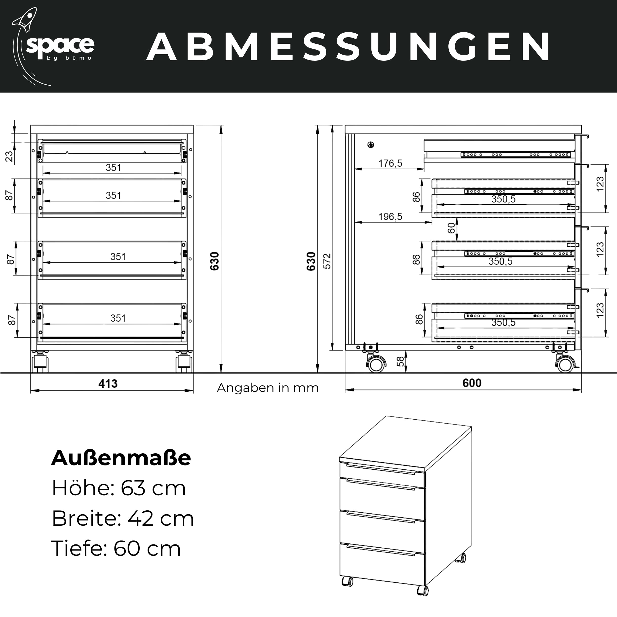 bümö Space Rollcontainer mit Schubladen, Container aus Holz in Graphit - Rollwagen für's Büro als Schreibtisch Unterschrank, Bürocontainer od. Schreibtischcontainer