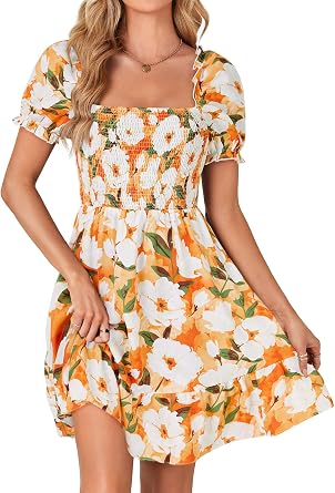 Rooscier Womens Summer Boho Floral Print Square Neck Smocked Ruffle Casual Sundress Mini Dress