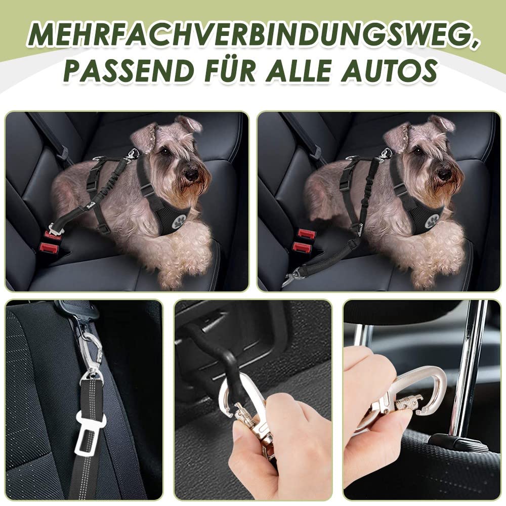 SlowTon Hundegeschirr mit Sicherheitsgurt für Auto, atmungsaktives Geschirr Hund, Sicherheitsgurt mit 2 Karabinerhaken zur Befestigung am Sicherheitsgurt-Schnalle oder Kofferraum(Schwarz, XS)