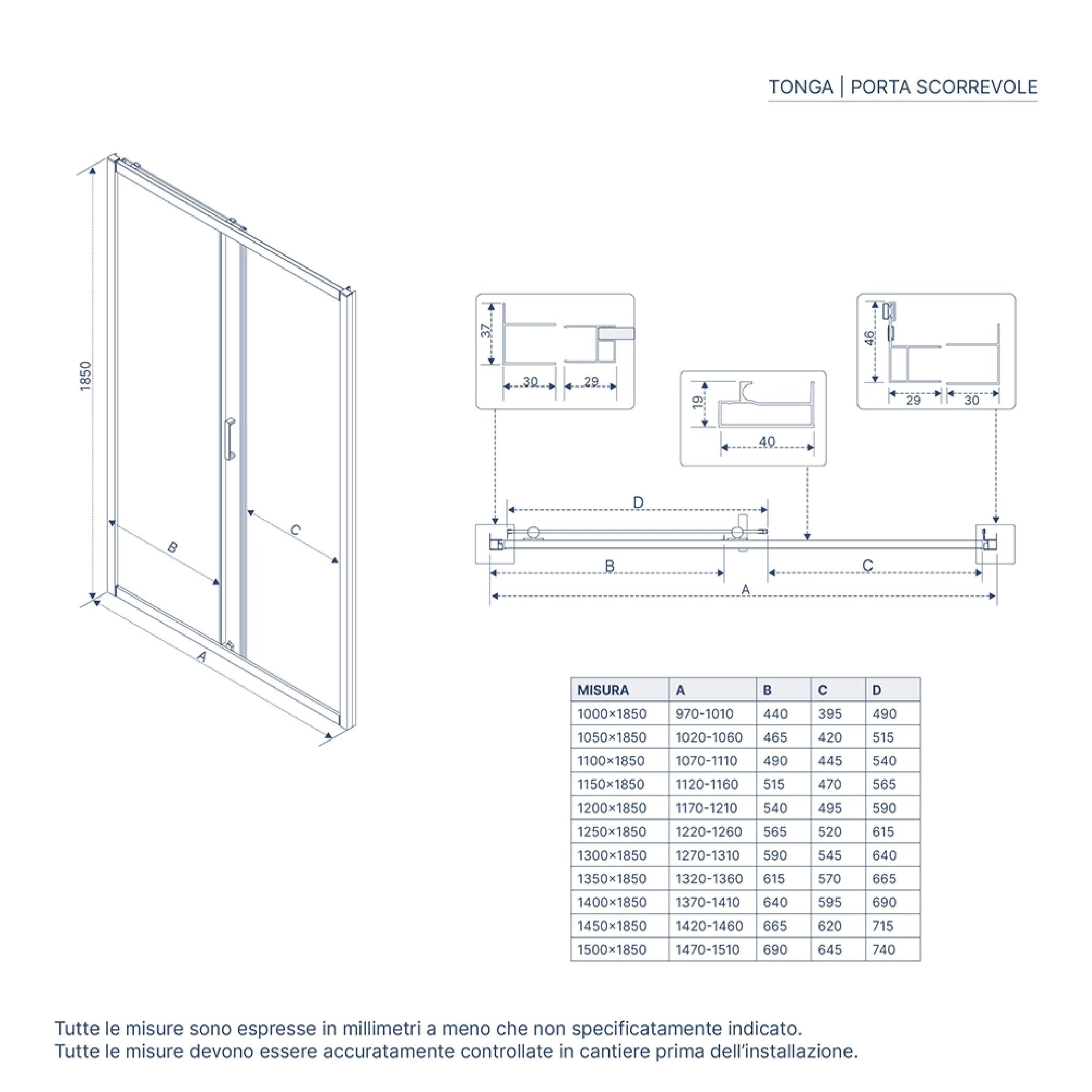 Box Doccia Nicchia 135cm Apertura Scorrevole Vetro Temperato 6mm Trasparente Profili Cromati h185cm mod. Tonga