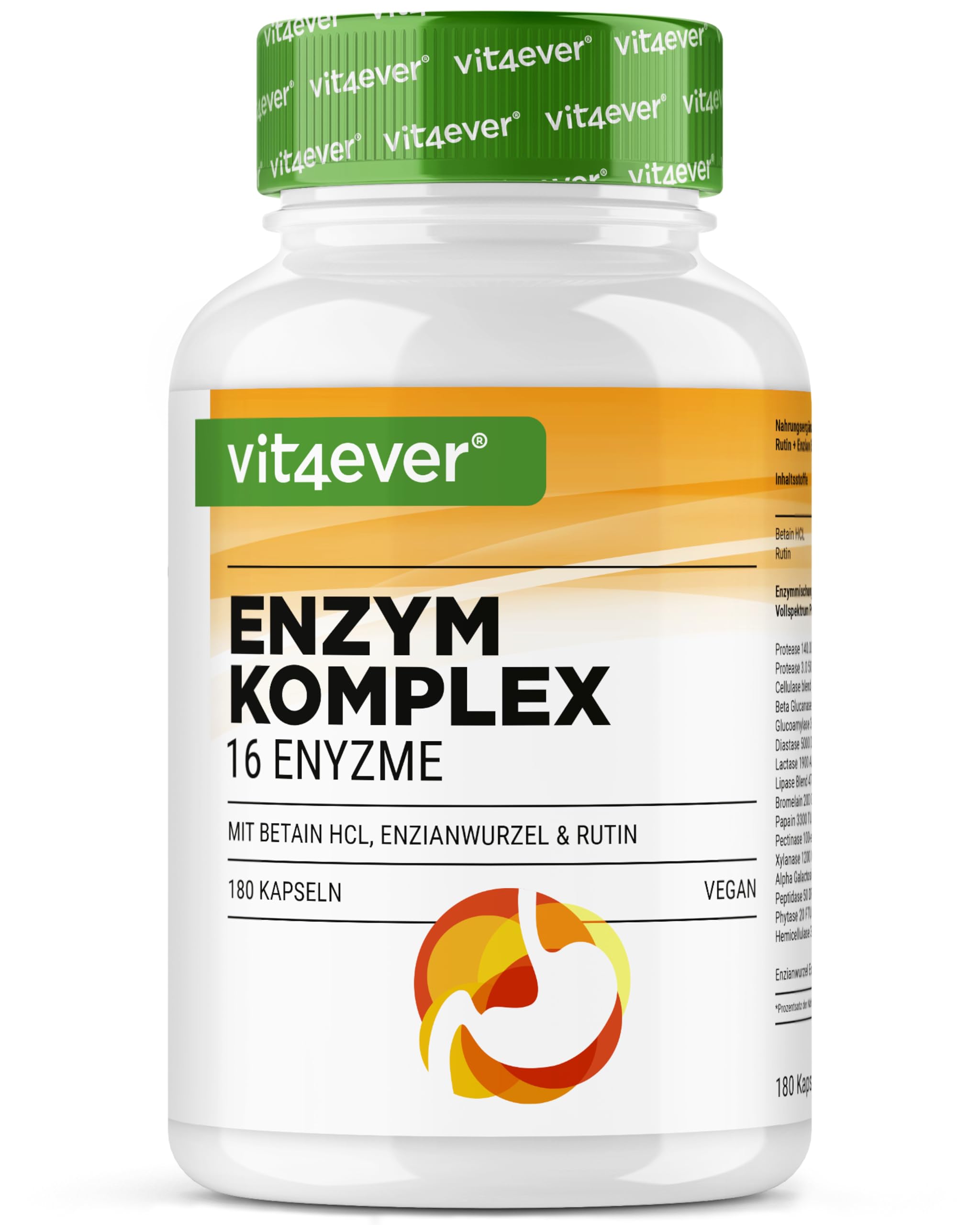 Enzymes Digestives - 180 Gélules avec 16 Enzymes plus Bétaïne HCL, Rutine & Racine de Gentiane - Avec Bromélaïne, Papaïne, Amylase, Lipase, Protéase, Lactase - Végétalien - Fortement Dosé