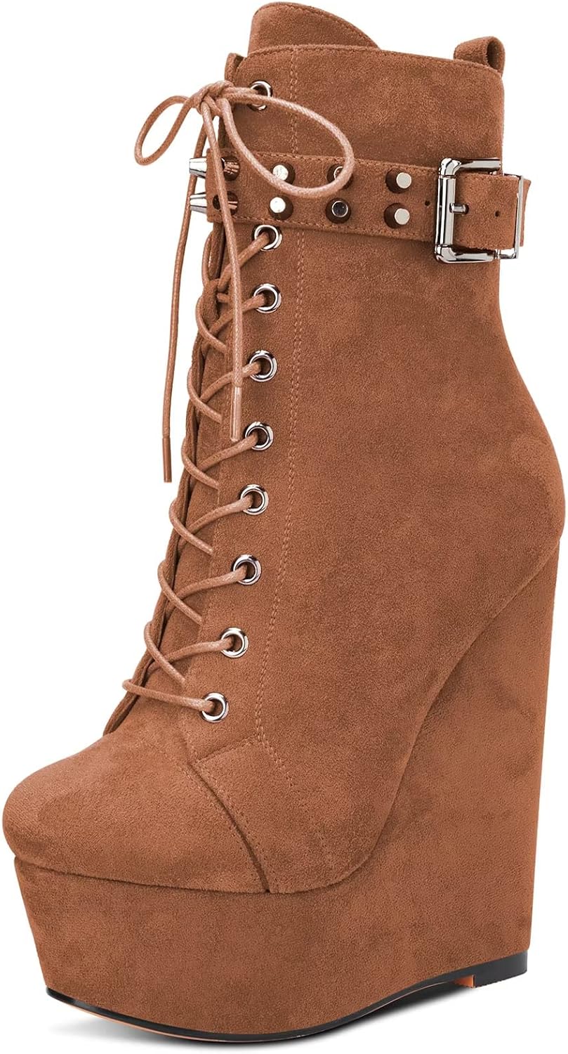 HDEUOLM Women High Wedge Platform Heel Round Toe Ankle Boots Short Bootie Lace-up Zipper Shoes